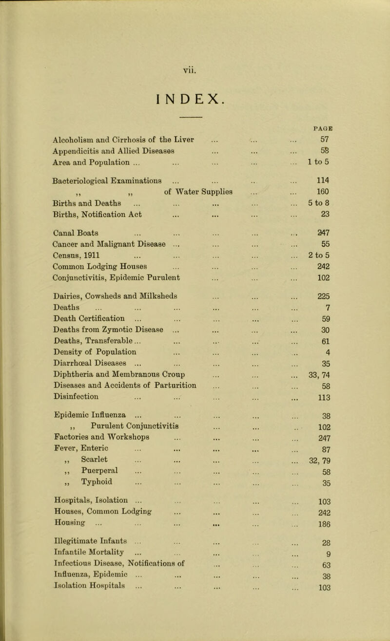 INDEX. PAGH Alcoholism and Cirrhosis of the Liver ... ... ... 57 Appendicitis and Allied Diseases ... ... ... 58 Area and Population ... ... ... ... 1 to 5 Bacteriological Examinations ... ... ... 114 ,, ,, of Water Supplies ... ... 160 Births and Deaths ... ... ... ... ... 5 to 8 Births, Notification Act ... ... ... ... 23 Canal Boats ... ... ... ... ... 247 Cancer and Malignant Disease ... ... ... ... 55 Census. 1911 ... ... ... ... ... 2 to 5 Common Lodging Houses ... ... ... ... 242 Conjunctivitis, Epidemic Purulent ... ... ... 102 Dairies, Cowsheds and Milksheds ... ... ... 225 Deaths ... ... ... ... ... ... 7 Death Certification ... ... ... ... ... 59 Deaths from Zymotic Disease ... ... ... ... 30 Deaths, Transferable... ... ... ... ... 61 Density of Population ... ... ... ... 4 Diarrhoeal Diseases ... ... ... ... ... 35 Diphtheria and Membranous Croup ... ... ... 33,74 Diseases and Accidents of Parturition ... ... ... 58 Disinfection ... ... ... ... ... 113 Epidemic Influenza ... ... ... ... ... 38 ,, Purulent Conjunctivitis ... ... 102 Factories and Workshops ... ... ... ... 247 Fever, Enteric ... ... ... ... ... 87 ,, Scarlet ... ... ... ... ... 32, 79 „ Puerperal ... ... ... ... . . 58 „ Typhoid ... ... ... ... ... 35 Hospitals, Isolation ... ... ... ... ... 103 Houses, Common Lodging ... ... ... 242 Housing ... ... ... ... ... 186 Illegitimate Infants . ... ... 28 Infantile Mortality ... ... ... ... ... g Infectious Disease, Notifications of ... ... 63 Influenza, Epidemic ... ... ... ... 33 Isolation Hospitals ... ... ... ... 103