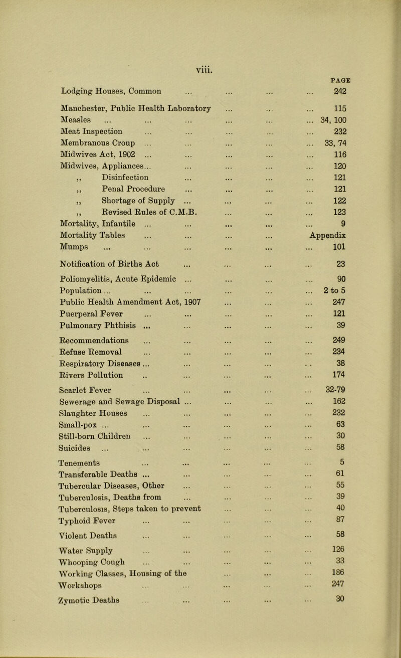 PAGE Lodging Houses, Common ... ... ... ... 242 Manchester, Public Health Laboratory ... ... 115 Measles ... ... ... ... ... ... 34, 100 Meat Inspection ... ... ... ... 232 Membranous Croup ... ... ... ... ... 33,74 Midwives Act, 1902 ... ... ... ... ... 116 Midwives, Appliances... ... ... ... ... 120 ,, Disinfection ... ... ... ... 121 ,, Penal Procedure ... ... ... ... 121 ,, Shortage of Supply ... ... ... ... 122 ,, Eevised Eules of C.M.B. ... ... ... 123 Mortality, Infantile ... ... ... ... ... 9 Mortality Tables ... ... ... ... Appendix Mumps ... ... ... ... ... ... 101 Notification of Births Act ... ... ... ... 23 Poliomyelitis, Acute Epidemic ... ... ... ... 90 Population ... ... ... ... ... ... 2 to 5 Public Health Amendment Act, 1907 ... ... ... 247 Puerperal Fever ... ... ... ... ... 121 Pulmonary Phthisis ... ... ... ... ... 39 Eecommendations ... ... ... ... ... 249 Eefuse Eemoval ... ... ... ... ... 234 Bespiratory Diseases... ... ... ... .. 38 Eivers Pollution .. ... ... ... ... 174 Scarlet Fever ... ... ... ... ... 32-79 Sewerage and Sewage Disposal ... ... ... ... 162 Slaughter Houses ... ... ... ... ... 232 Small-pox ... ... ... ... ... 63 Still-born Children ... ... ... ... ... 30 Suicides ... ... ... ••• ■■■ 58 Tenements ... ... ... ... 5 Transferable Deaths ... ... ... ... ... 61 Tubercular Diseases, Other ... ... ... ... 55 Tuberculosis, Deaths from ... ... ... 39 Tuberculosis, Steps taken to prevent ... ... 40 Typhoid Fever ... ... ... 87 Violent Deaths ... ... ... ••• ••• 58 Water Supply ... ... ... 126 Whooping Cough ... ... ... 33 Working Classes, Housing of the ... ... 186 Workshops ... ... ... ••• ••• 247 Zymotic Deaths ... ... ... ••• 30