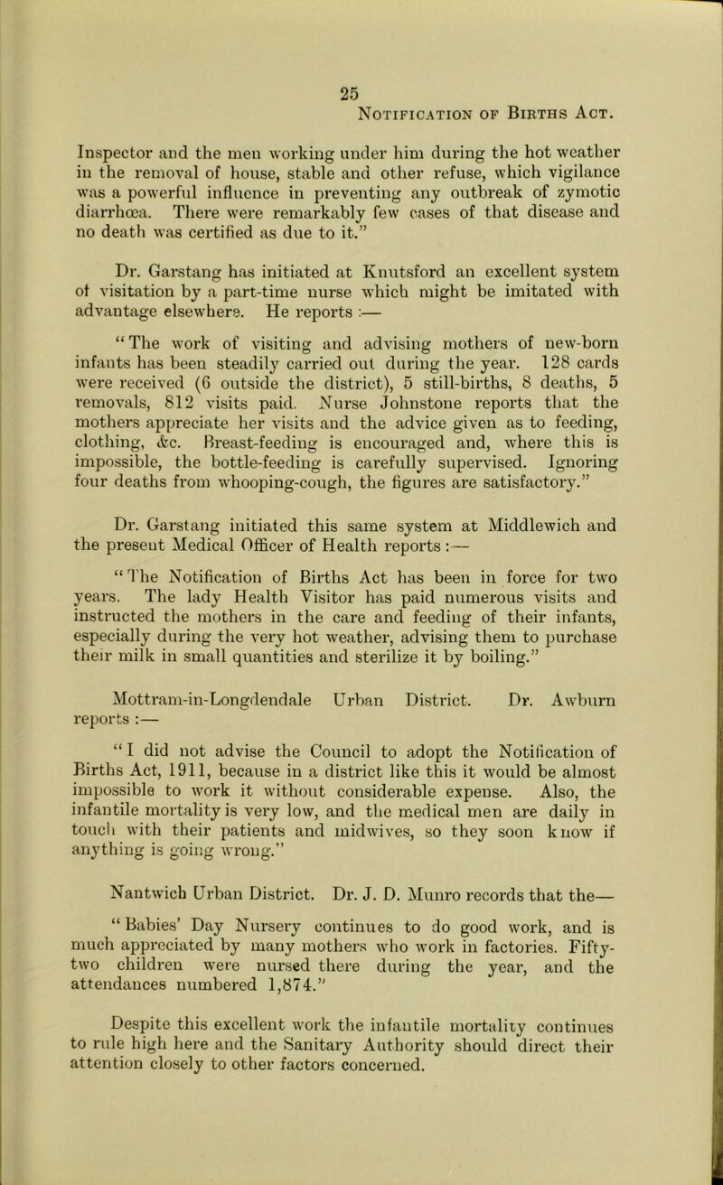 Inspector and the men working under him during the hot weather in the removal of house, stable and other refuse, which vigilance was a powerful influence in preventing any outbreak of zymotic diarrhoea. There were remarkably few cases of that disease and no death was certified as due to it.” Dr. Garstang has initiated at Knutsford an excellent system ot visitation by a part-time nurse which might be imitated with advantage elsewhere. He reports :— “ The work of visiting and advising mothers of new-born infants has been steadily carried out during the year. 128 cards were received (6 outside the district), 5 still-births, 8 deaths, 5 removals, 812 visits paid, Nurse Johnstone reports that the mothers appreciate her visits and the advice given as to feeding, clothing, Ac. Breast-feeding is encouraged and, where this is impossible, the bottle-feeding is carefully supervised. Ignoring four deaths from whooping-cough, the figures are satisfactory.” Dr. Garstang initiated this same system at Middlewich and the present Medical Officer of Health reports :— “ The Notification of Births Act has been in force for two years. The lady Health Visitor has paid numerous visits and instructed the mothers in the care and feeding of their infants, especially during the very hot weather, advising them to purchase their milk in small quantities and sterilize it by boiling.” Mottram-in-Longdendale Urban District. Dr. Awburn reports :— “ I did not advise the Council to adopt the Notiiication of Births Act, 1911, because in a district like this it would be almost impossible to work it without considerable expense. Also, the infantile mortality is very low, and the medical men are daily in touch with their patients and midwives, so they soon know if anything is going wrong.” Nantwich Urban District. Dr. J. D. Munro records that the— “ Babies’ Day Nursery continues to do good work, and is much appreciated by many mothers who work in factories. Fifty- two children were nursed there during the year, and the attendances numbered 1,874.” Despite this excellent work the infantile mortality continues to rule high here and the Sanitary Authority should direct their attention closely to other factors concerned.