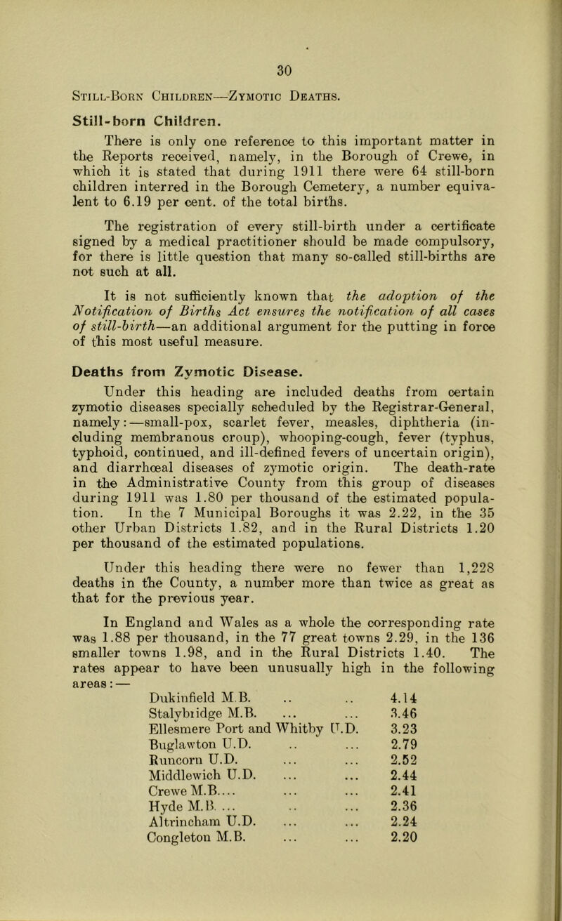 Still-Born Children—Zymotic Deaths. Still-born Children. There is only one reference to this important matter in the Reports received, namely, in the Borough of Crewe, in whioh it is stated that during 1911 there were 64 still-born children interred in the Borough Cemetery, a number equiva- lent to 6.19 per cent, of the total births. The registration of every still-birth under a certificate signed by a medical practitioner should be made compulsory, for there is little question that many so-called still-births are not such at all. It is not sufficiently known that the adoption of the Notification of Births Act ensures the notification of all cases of still-birth—an additional argument for the putting in force of this most useful measure. Deaths from Zymotic Disease. Under this heading are included deaths from certain zymotio diseases specially scheduled by the Registrar-General, namely:—small-pox, scarlet fever, measles, diphtheria (in- cluding membranous croup), whooping-cough, fever (typhus, typhoid, continued, and ill-defined fevers of uncertain origin), and diarrhoeal diseases of zymotic origin. The death-rate in the Administrative County from this group of diseases during 1911 was 1.80 per thousand of the estimated popula- tion. In the 7 Municipal Boroughs it was 2.22, in the 35 other Urban Districts 1.82, and in the Rural Districts 1.20 per thousand of the estimated populations. Under this heading there were no fewer than 1,228 deaths in the County, a number more than twice as great as that for the previous year. In England and Wales as a whole the corresponding rate was 1.88 per thousand, in the 77 great towns 2.29, in the 136 smaller towns 1.98, and in the Rural Districts 1.40. The rates appear to have been unusually high areas:— in the following Duk infield M B. 4.14 Stalybiidge M.B. 3.46 Ellesmere Port and Whitby U.D. 3.23 Buglawton U.D. 2.79 Runcorn U.D. 2.52 Middlewich U.D. 2.44 Crewe M.B.... 2.41 Hyde M.B. ... 2.36 Altrincham U.D. 2.24 Congleton M.B. 2.20