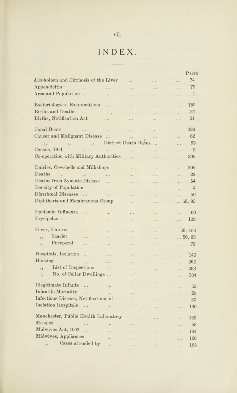 I N D EX. Alcoholism and Cirrhosis of the Liver Page 74 Appendicitis 79 Area and Population ... 1 Bacteriological Examinations ... 159 Births and Deaths 24 Births, Notification Act 31 Canal Boats 329 Cancer and Malignant Disease ... 62 ,, ,, ,, District Death Kales ... 63 Census, 1911 2 Co-operation with Military Authorities ... 306 Dairies, Cowsheds and Milkshops ... 309 Deaths 28 Deaths from Zymotic Disease 54 Density of Population 4 Diarrhoeal Diseases ... 59 Diphtheria and Membranous Croup ... 56, 95 Epidemic Influenza ... 60 Erysipelas... ... 108 Fever, Enteric 58, 106 ,, Scarlet ... 56, 83 ,, Puerijeral 79 Hospitals, Isolation ... .. 140 Housing 262 ,, List of Inspections .. 263 ,, No. of Cellar Dwellings ... ... 304 Illegitimate Infants ... 52 Infantile Mortality 29 Infectious Disease, Notifications of 80 Isolation Hospitals ... 140 Manchester, Public Health Laboratory ... 159 Measles 58 Midwives Act, 1902 ... 164 Mid wives. Appliances ... 166 ,, Cases attended by ... 165