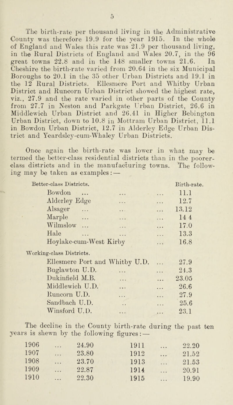 County was therefore 19.9 for the year 1915. In the whole of England and Wales this rate was 21.9 per thousand living, in the Rural Districts of England and Wales 20.7, in the 96 great towns 22.8 and in the 148 smaller towns 21.6. In Cheshire the birth-rate varied from 20.64 in the six Municipal Boroughs to 20.1 in the 35 other Urban Districts and 19.1 in the 12 Rural Districts. Ellesmere Port and Whitby Urban District and Runcorn Urban District showed the highest rate, viz., 27.9 and the rate varied in other parts of the County from 27.7 in Neston and Parkgate Urban District, 26.6 in Middlewich Urban District and 26.41 in Higher Bebington Urban District, down to 10.8 in Mottram Urban District, 11.1 in Bowdon Urban District, 12.7 in Alderley Edge Urban Dis- trict and Yeardslej’-cum-Whaley Urban Districts. Once again the birth-rate was lower in what may be termed the better-class residential districts than in the poorer- class districts and in the manufacturing towns. The follow- ing may be taken as examples: — Better-class Districts. Birth-rate. Bowdon Alderley Edge 11.1 12.7 13.12 14 4 17.0 13.3 16.8 Alsager Marple Wilmslow ... Hale Hoylake-curn-West Kirby Working-class Districts. Ellesmere Port and Whitby U.D. Buglawton U.D. 27.9 21.3 23.05 26.6 27.9 25.6 23.1 Dukinfield M.B. Middlewich U.D Runcorn U.D. Sand bach U.D. Winsford U.D. The decline in the County birth-rate during the joast ten years is shewn by the following figures: — 1906 1907 1908 1909 1910 24.90 23.80 23.70 22.87 22.30 1911 1912 1913 1914 1915 22.20 21.52 21.53 20.91 19.90