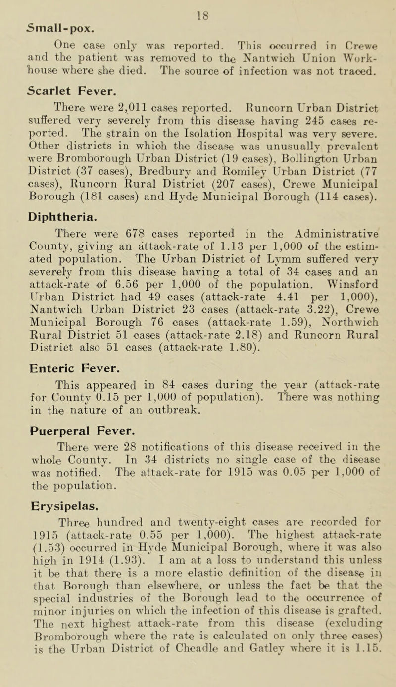 Small-pox. One case only was reported. This occurred in Crewe and the patient was removed to the Nantwich Union Work- house where she died. The source of infection was not traced. Scarlet Fever. There were 2,011 cases reported. Runcorn Urban District suffered very severely from this disease having 245 cases re- ported. The strain on the Isolation Hospital was very severe. Other districts in which the disease was unusually prevalent were Bromborough Urban District (19 cases), Bollington Urban District (37 cases), Bredbury and Romiley Urban District (77 cases), Runcorn Rural District (207 cases), Crewe Municipal Borougli (181 cases) and Hyde Municipal Borough (114 cases). Diphtheria. There were 678 cases reported in the Administrative County, giving an attack-rate of 1.13 per 1,000 of the estim- ated population. The Urban District of Lymm suffered very severely from this disease having a total of 34 cases and an attack-rate of 6.56 per 1,000 of the population. Winsford Urban District had 49 cases (attack-rate 4.41 per 1,000), Nantwich Urban District 23 cases (attack-rate 3.22), Crewe Municipal Borough 76 cases (attack-rate 1.59), Northwich Rural District 51 cases (attack-rate 2.18) and Runcorn Rural District also 51 cases (attack-rate 1.80). Enteric Fever. This appeared in 84 cases during the year (attack-rate for County 0.15 per 1,000 of population). There was nothing in the nature of an outbreak. Puerperal Fever. There were 28 notifications of this disease received in the whole County. In 34 districts no single case of the disease was notified. The attack-rate for 1915 was 0.05 per 1,000 of the population. Erysipelas, Three hundred and twenty-eight cases are recorded for 1915 (attack-rate 0.55 per 1,000). The highest attack-rate (1.53) occurred in Hyde Municipal Borough, where it was also high in 1914 (1.93). I am at a loss to understand this unless it l>e that there is a more elastic definition of the disease in that Borough than elsewhere, or unless the fact be that the special industries of the Borough lead to the occurrence of minor injuries on which the infection of this disease is grafted. The next highest attack-rate from this disease (excluding Bromborough where the rate is calculated on only three cases) is the Urban District of Cheadle and Gatley where it is 1.15.