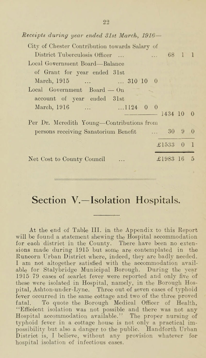 Receipts during year ended 31st March, 1916— City of Chester Contribution towards Salary (jf District Tuberculosis Officer ... ... 68 1 1 Local Government Board—Balance of Grant for year ended 31st March, 1915 ... ... 310 10 0 Local Government Board — On account of year ended 31st March, 1916 ... ...1124 0 0 1434 10 0 Per Dr. Meredith Young—Contributions from persons receiving Sanatorium Benefit ... 30 9 0 £1533 0 1 Net Cost to County Council ... £1983 16 5 Section V.—Isolation Hospitals. At the end of Table III. in the Appendix to this Report will be found a statement shewing the Hospital accommodation for each district in the County. There have been no exten- sions made during 1915 but some are contemplated in the Runcorn Urban District where, indeed, they are badly needed. I am not altogether satisfied with the accommodation avail- able for Stalybridge Municipal Borough. During the year 1915 79 cases of scarlet fever were reported and only five of these were isolated in Hospital, namely, in the Borough Hos- pital, Ashton-under-Lyne. Three out of seven cases of typhoid fever occurred in the same cottage and two of the three proved fatal. To quote the Borough Medical Officer of Health, “Efficient isolation was not possible and there was not any Hospital accommodation available.’’ The proper nursing of typhoid fever in a cottage house is not only a practical im- possibility but also a danger to the public. Handforth Urban District is, I believe, without any provision whatever for hospital isolation of infectious cases.