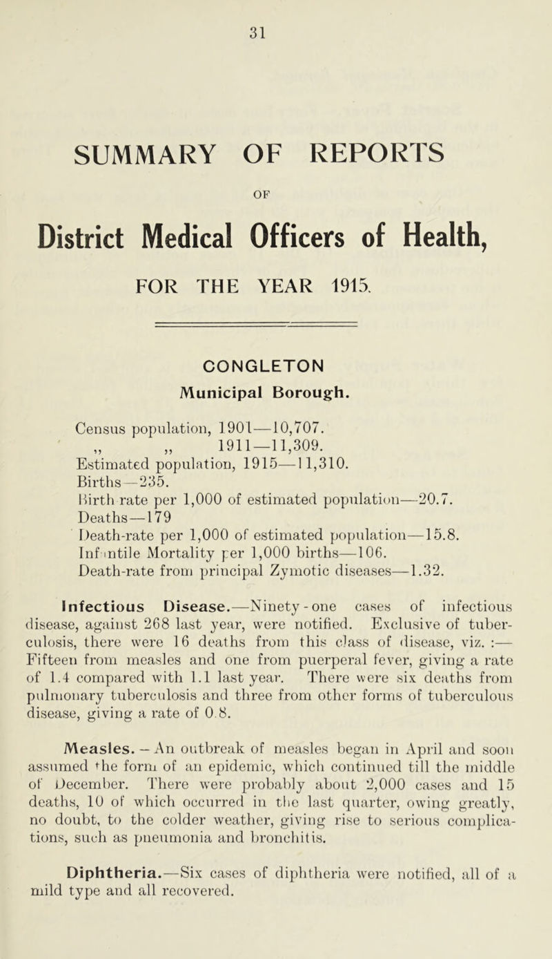 SUMMARY OF REPORTS OF District Medical Officers of Health, FOR THE YEAR 1915, CONGLETON Municipal Borough. Census population, 1901 —10,707. 1911—11,309. Estimated population, 1915—11,310. Births —235. Ilirth rate per 1,000 of estimated population—20.7. Deaths —179 Death-rate per 1,000 of estimated population—15.8. Infmtile Mortality per 1,000 births—106. Death-rate from principal Zymotic diseases—1.32. Infectious Disease.—Ninety-one cases of infectious disease, against 268 last year, were notified. Exclusive of tuber- culosis, there were 16 deaths from this class of disease, viz. :— Fifteen from measles and one from puerperal fever, giving a rate of 1.4 compared with 1.1 last year. There were six deaths from pulmonary tuberculosis and three from other forms of tuberculous disease, giving a rate of 0.8. Measles.— An outbreak of measles began in April and soon assumed <^he form of an epidemic, wdiicli continued till the middle of December. There were probably about 2,000 cases and 15 deaths, 10 of which occurred in the last quarter, owing greatly, no doubt, to the colder weather, giving rise to serious complica- tions, such as pneumonia and bronchitis. Diphtheria.—Six cases of diphtheria were notified, all of a mild type and all recovered.
