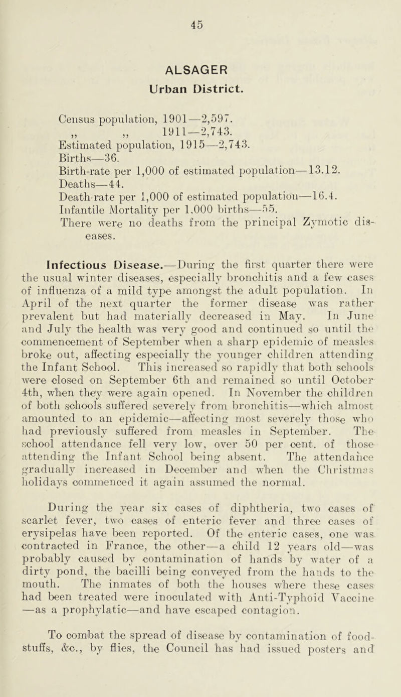 ALSAGER Urban District. Census population, 1901—2,597. „ „ 1911-2,743. Estimated population, 1915—2,743. Births—36. Birtli-rate per 1,000 of estimated population—13.12. Deaths—44. Death-rate per 1,000 of estimated population—16.4. Infantile Mortality per 1,000 births—55. There were no deaths from the principal Zymotic dis- eases. Infectious Disease.—During the first quarter there were the usual winter diseases, especially bronchitis and a few cases of influenza of a mild tyjDe amongst the adult population. In April of the next quarter the former disease was rather prevalent but had materially decreased in Mav. In June and July the health was very good and continued so until the commencement of September when a .sharp epidemic of measles broke out, affecting especially the younger children attending the Infant School. This increased so rapidly that both schools were closed on September 6th and remained so until Octolx'r 4th, when they were again opened. In XovemlDer the children of both schools suffered severely from bronchitis—which almost amounted to an epidemic—affecting most severely those who had previously suffered from measles in September. The school attendance fell very low, over 50 per cent, of those attending the Infant School Ix'ing absent. The attendaiice gradually increased in Deceml>er and when tlie Cliristnuns holidays commenced it again assumed the normal. During the year six cases of diphtheria, two cases of scarlet fever, two cases of enteric fever and three cases of erysipelas have l^een reported. Of the enteric cases, one Avas contracted in France, the other—a child 12 years old—Avas probably caused by contamination of hands by Avater of a dirty pond, the bacilli loeing conveyed from the hands to the mouth. The inmates of both the liouses Avhere these cases had been treated Avere inoculated Avith Anti-Typhoid Vaccine —as a prophylatic—and have escaped contagion. To combat the spread of disease by contamination of food- stuffs, Ac., by flies, the Council has had issued posters and