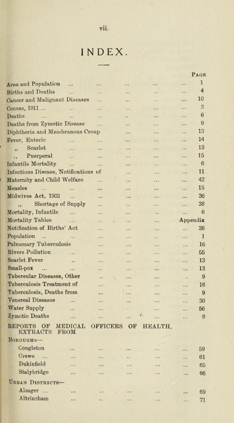 I N DEX. Area and Population Page 1 Births and Deaths 4 Cancer and Malignant Diseases ... 10 Census, 1911 ... ... ... 3 Deaths ... 6 Deaths from Zymotic Disease ... ... 9 Diphtheria and Membranous Croup ... ... 13 Fever, Enteric 14 „ Scarlet 13 ,, Puerperal ... 15 Infantile Mortality 6 Infectious Disease, Notifications of 11 Maternity and Child Welfare ... 42 Measles 15 Midwives Act, 1902 .«• 36 ,, Shortage of Supply ... 38 Mortality, Infantile ... 6 Mortality Tables ... Appendix Notification of Births’ Act ... 26 Population ... ... 1 Pulmonary Tuberculosis ... 16 Rivers Pollution 55 Scarlet Fever ... «.« 13 Small-pox 13 Tubercular Diseases, Other .. • 9 Tuberculosis Treatment of ... . . 16 Tuberculosis, Deaths from . . 9 Venereal Diseases • • • ... 30 Water Supply 56 Zymotic Deaths ... 9 REPORTS OF MEDICAL OFFICERS OF HEALTH, EXTRACTS FROM Boroughs— Congleton ... ... 59 Crewe ... 61 Dukinfield .. . •. 65 Stalybridge ... ... 66 Urban Districts— Alsager ... ... ... 69 Altrincham ... ... 71