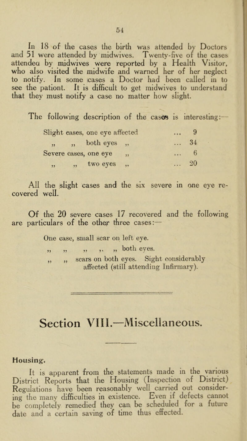 In 18 of the cases the birth was attended by Doctors and 51 were attended by midwives. Twenty-five of the cases attendee by midwives were reported by a Health Visitor, who also visited the midwife and warned her of her neglect to notify. In some cases a Doctor had been called in to see the pationt. It is dilficult to get midwives to understand that they must notify a case no matter how slight. The following description of the cascfs is interesting:— Slight eases, one eye affected ... 9 „ ,, both eyes ,, ... 34 Severe cases, one eye ,, ... 6 ,, „ two eyes ,, ... 20 All the slight cases and the six severe in one eye re- covered well. Of the 20 severe cases 17 recovered and the following are particulars of the other three cases:— One case, small scar on left eye. „ „ „ „ both eyes. ,, „ scars on both eyes. Sight considerably affected (still attending Infirmary). Section VIII.—Miscellaneous. Housing. It is apparent from the statements made in the various District Reports that the Housing (Inspection of District) Regulations have been reasonably well carried out consider- ing the many difficulties in existence. Even if defects cannot be completely remedied they can, be scheduled for a future date and a certain saving of time thus effected.