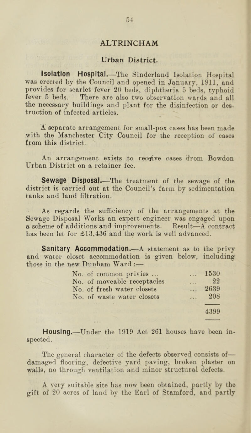 ALTRINCHAM Urban District. Isolation Hospital.—The Sinderland Isolation Hospital was erected by the Council and opened in January, 1911, and provides for scarlet fever 20 beds, diphtheria 5 beds, typhoid fever 5 beds. There are also two observation wards and all the necessary buildings and plant for the disinfection or des- truction of infected articles. A separate arrangement for small-pox cases has been made with the Manchester City Council for the reception of cases from this district. An arrangement exists to recefive cases (from Bowdon Urban District on a retainer fee. SGWage Disposal.—The treatment of the sewage of the district is carried out at the Council’s farm bv sedimentation tanks and land filtration. As regards the sufficiency of the arrangements at the Sewage Disposal Works an expert engineer was engaged upon a scheme of additions and improvements. Result—A contract has been let for £13,436 and the work is well advanced. Sanitary Accommodation.—A statement as to the privy and water closet accommodation is given below, including those in the new Dunham Ward :— No. of common privies ... ... 1530 No. of moveable receptacles ... 22 No. of fresh water closets ... 2639 No. of waste water closets ... 208 4399 Housing.—Under the 1919 Act 261 houses have been in- spected. The general character of the defects observed consists of— damaged flooring, defective yard paving, broken plaster on walls, no through ventilation and minor structural defects. A very suitable site has now been obtained, partly by the gift of 20 acres of land by the Earl of Stamford, and partly