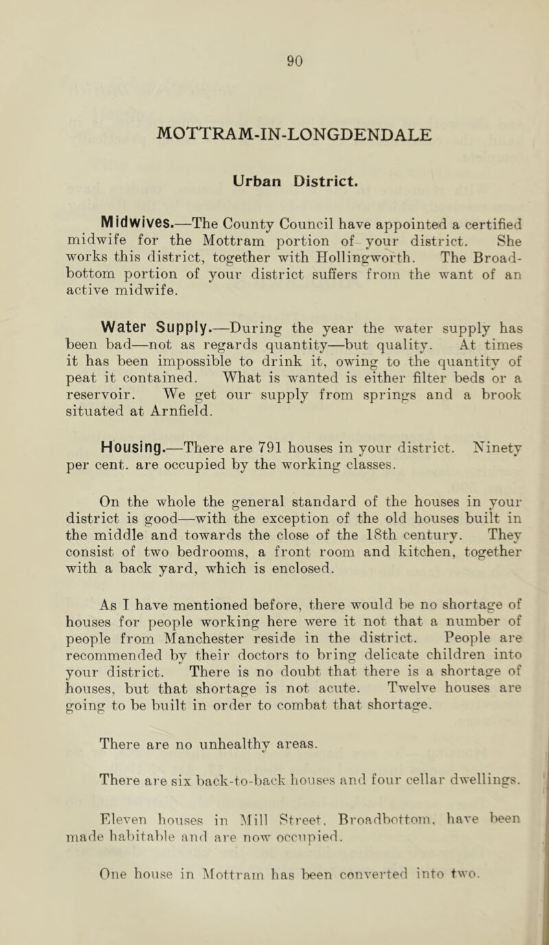 MOTTRAM-IN-LONGDENDALE Urban District. Mid wives.—The County Council have appointed a certified midwife for the Mottram portion of your district. She works this district, together with Hollingworth. The Broad- bottom portion of your district suffers from the want of an active midwife. Water Supply.—During the year the water supply has been bad—not as regards quantity—^but quality. At times it has been impossible to drink it, owing to the quantity of peat it contained. What is wanted is either filter beds or a reservoir. We get our supply from springs and a brook situated at Arnfield. Housing.—There are 791 houses in your district. Ninety per cent, are occupied by the working classes. On the whole the general standard of the houses in your district is good—with the exception of the old houses built in the middle and towards the close of the 18th century. They consist of two bedrooms, a front room and kitchen, together with a back yard, which is enclosed. As I have mentioned before, there would be no shortage of houses for people working here were it not that a number of people from Manchester reside in the district. People are recommended by their doctors to bring delicate children into your district. There is no doubt that there is a shortage of houses, but that shortage is not acute. Twelve houses are going to be built in order to combat that shortage. There are no unhealthy areas. There are six back-to-back houses and four cellar dwellings. Eleven houses in Mill Street. Broadbottom. have been made habitable and are now occupied. One house in Mottram has been converted into two.