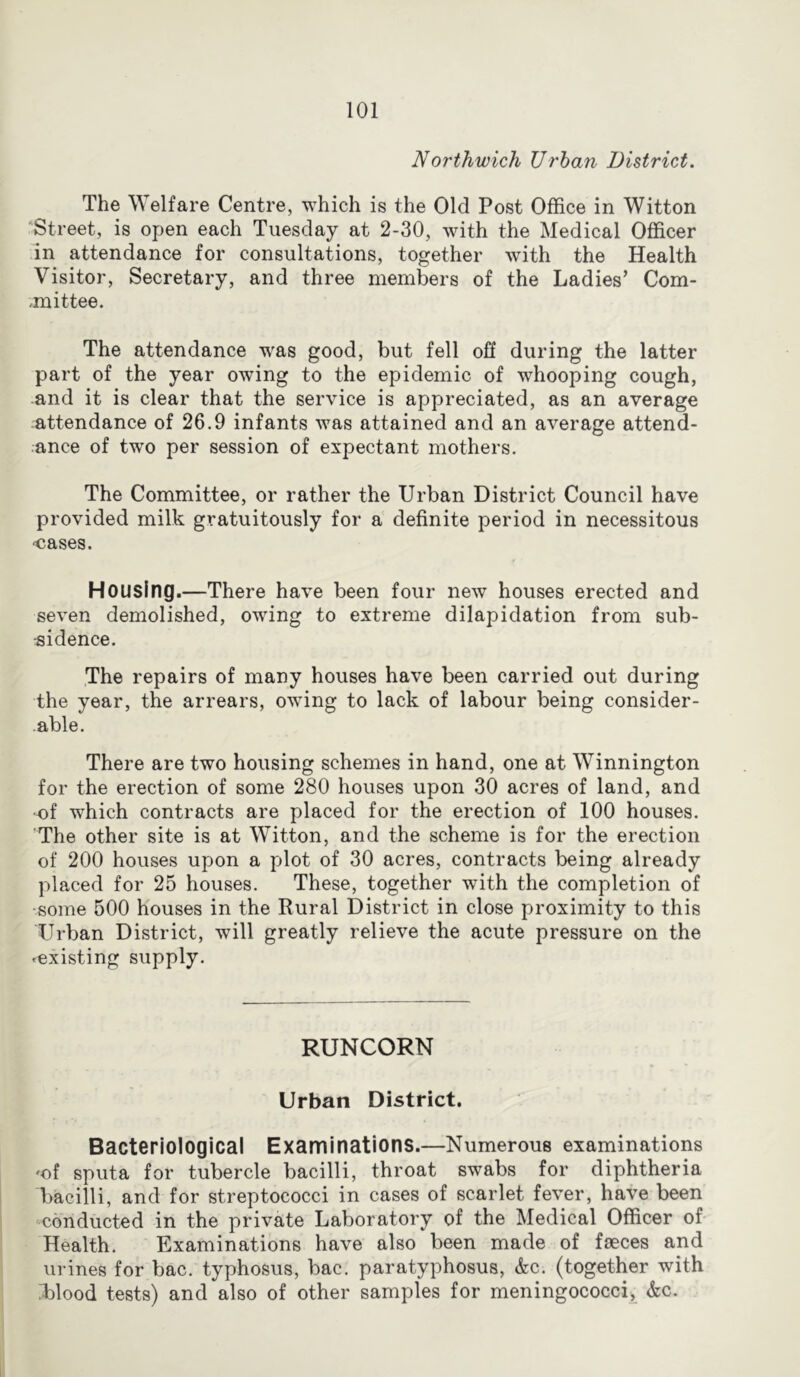 Northwich Urban District. The Welfare Centre, which is the Old Post Office in Witton Street, is open each Tuesday at 2-30, with the Medical Officer ■in attendance for consultations, together with the Health Visitor, Secretary, and three members of the Ladies’ Com- ,mittee. The attendance was good, but fell oS during the latter part of the year owing to the epidemic of whooping cough, and it is clear that the service is appreciated, as an average attendance of 26.9 infants was attained and an average attend- ance of two per session of expectant mothers. The Committee, or rather the Urban District Council have provided milk gratuitously for a definite period in necessitous -cases. Housing.—There have been four new houses erected and seven demolished, owing to extreme dilapidation from sub- sidence. The repairs of many houses have been carried out during the year, the arrears, owing to lack of labour being consider- able. There are two housing schemes in hand, one at Winnington for the erection of some 280 houses upon 30 acres of land, and •of which contracts are placed for the erection of 100 houses. The other site is at Witton, and the scheme is for the erection of 200 houses upon a plot of 30 acres, contracts being already placed for 25 houses. These, together with the completion of ■some 500 houses in the Rural District in close proximity to this Urban District, will greatly relieve the acute pressure on the -existing supply. RUNCORN Urban District. Bacteriological Examinations.—Numerous examinations 'of sputa for tubercle bacilli, throat swabs for diphtheria bacilli, and for streptococci in cases of scarlet fever, have been conducted in the private Laboratory of the Medical Officer of Health. Examinations have also been made of faeces and urines for bac. typhosus, bac. paratyphosus, &c. (together with Llood tests) and also of other samples for meningococci^ &c.
