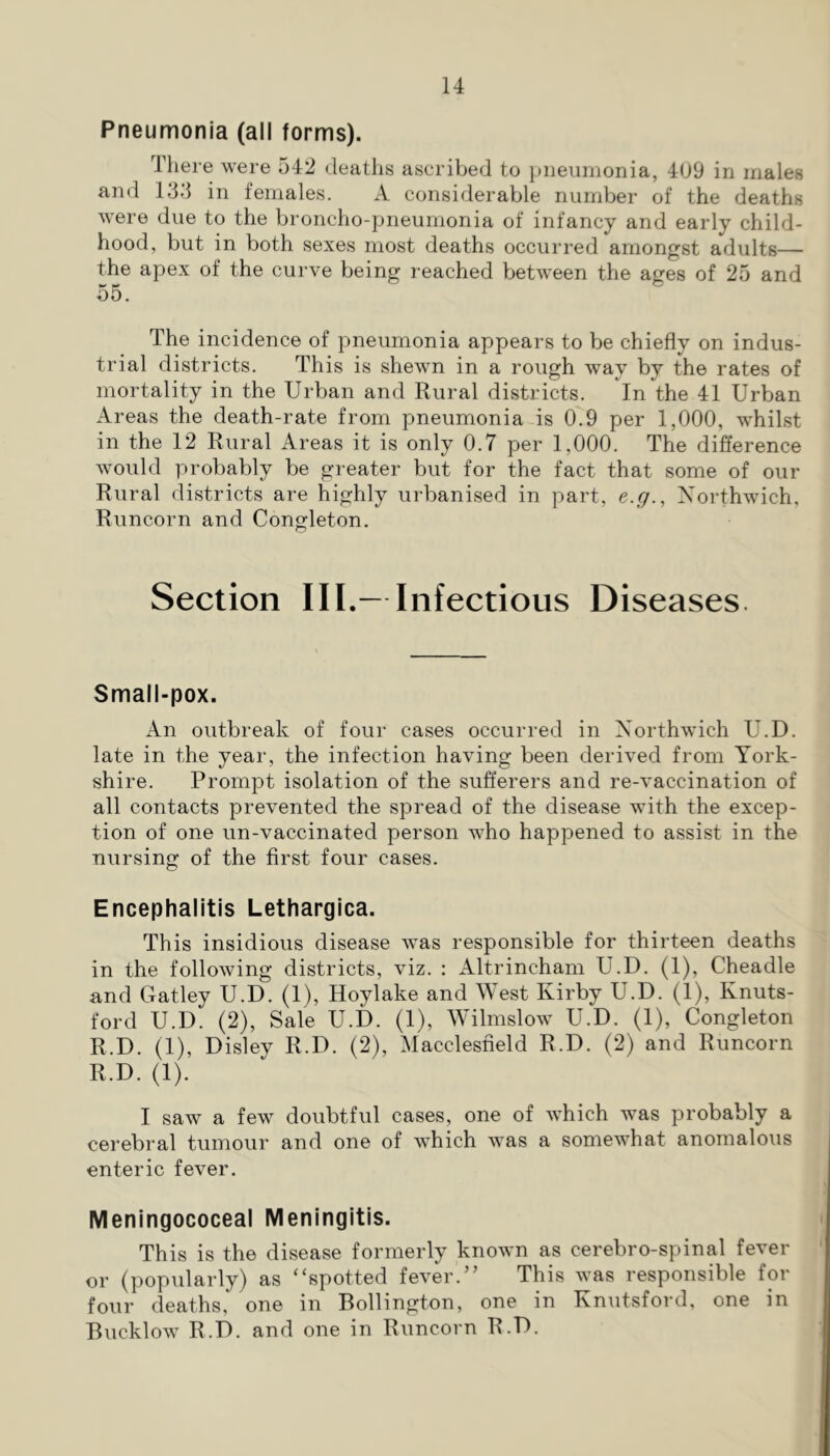 Pneumonia (all forms). There were 542 deaths ascribed to })iieimionia, 409 in males and 133 in females. A considerable number of the deaths were due to the broncho-pneumonia of infancy and early child- hood, but in both sexes most deaths occurred amongst adults— the apex of the curve being reached between the ages of 25 and 55. The incidence of pneumonia appears to be chiefly on indus- trial districts. This is shewn in a rough way by the rates of mortality in the Urban and Rural districts. In the 41 Urban Areas the death-rate from pneumonia is 0.9 per 1,000, whilst in the 12 Rural Areas it is only 0.7 per 1,000. The difference Avould probably be greater but for the fact that some of our Rural districts are highly urbanised in part, e.g., Xorthwich, Runcorn and Congleton. Section III.— Infectious Diseases. Small-pox. An outbreak of four cases occurred in Xorthwich U.D. late in the year, the infection having been derived from York- shire. Prompt isolation of the sufferers and re-vaccination of all contacts prevented the spread of the disease with the excep- tion of one un-vaccinated person who happened to assist in the nursing of the first four cases. Encephalitis Lethargica. This insidious disease was responsible for thirteen deaths in the folloAving districts, viz. : Altrincham U.D. (1), Cheadle and Gatley U.D. (1), Hoylake and West Kirby U.D. (1), Knuts- ford U.D. (2), Sale U.D. (1), Wilmslow U.D. (1), Congleton R.D. (1), Disley R.D. (2), Macclesfield R.D. (2) and Runcorn R.D. (1). I saw a few doubtful cases, one of which was probably a cerebral tumour and one of which was a somewhat anomalous enteric fever. Meningococeal Meningitis. This is the disease formerly known as cerebro-spinal fever or (popularly) as “spotted fever.’’ This was responsible for four deaths, one in Bollington, one in Knutsford, one in Bucklow R.D. and one in Runcorn R.D.