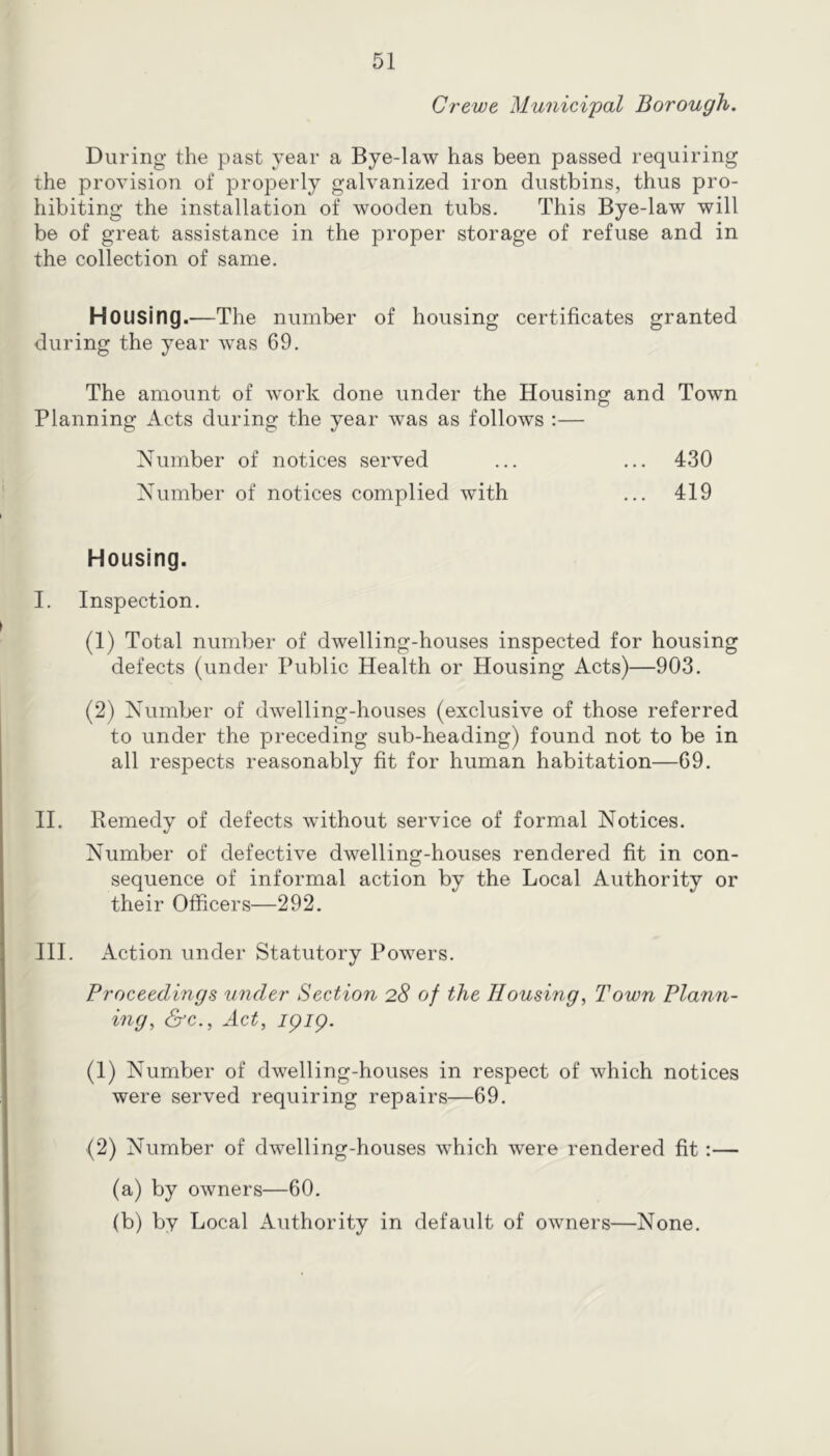 Crewe Municipal Borough. During the past year a Bye-law has been passed requiring the provision of ^Droperly galvanized iron dustbins, thus pro- hibiting the installation of wooden tubs. This Bye-law will be of great assistance in the proper storage of refuse and in the collection of same. Housing.—The number of housing certificates granted during the year was 69. The amount of work done under the Housing and Town Planning Acts during the year was as follows :— Number of notices served ... ... 430 Number of notices complied with ... 419 Housing. I. Inspection. (1) Total number of dwelling-houses inspected for housing defects (under Public Health or Housing Acts)—903. (2) Number of dwelling-houses (exclusive of those referred to under the preceding sub-heading) found not to be in all respects reasonably fit for human habitation—69. II. Remedy of defects without service of formal Notices. Number of defective dwelling-houses rendered fit in con- sequence of informal action by the Local Authority or their Officers—292. III. Action under Statutory Powers. Proceedings under Section 28 of the Housing, Town Plann- ing, &c.. Act, /p/p. (1) Number of dwelling-houses in respect of which notices were served requiring repairs—69. (2) Number of dwelling-houses which were rendered fit:— (a) by owners—60. (b) by Local Authority in default of owners—None.