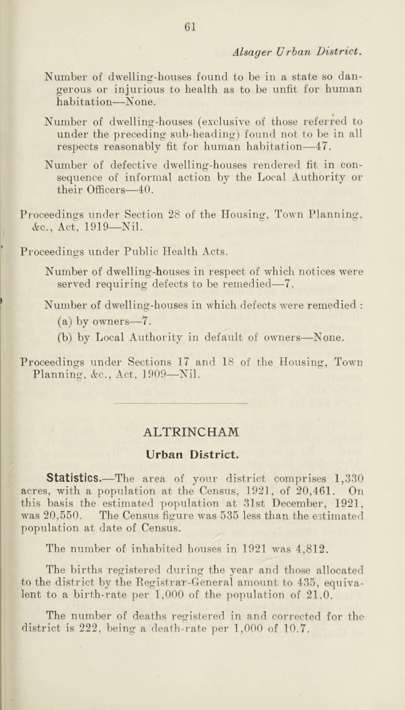 Alsager Urban District. Number of dwelling-houses found to be in a state so dan- gerous or injurious to health as to be unfit for human habitation—None. • Number of dwelling-houses (exclusive of those referred to under the preceding sub-heading) found not to be in all respects reasonably fit for human habitation—47. Number of defective dwelling-houses rendered fit in con- sequence of informal action by the Local Authority or their Officers—40. Proceedings under Section 28 of the Housing, Town Planning, Ac., Act, 1919—Nil. Proceedings under Public Health Acts. Number of dwelling-houses in respect of which notices were served requiring defects to be remedied—7. Number of dwelling-houses in which defects were remedied : (a) by owners—7. (b) by Local Authority in default of owners—None. Proceedings under Sections 17 and 18 of the Housing, Town Planning, Ac., Act, 1909—Nil. ALTRINCHAM Urban District. Statistics.—The area of your district comprises 1,330 acres, with a popidation at the Census, 1921, of 20,461. On this basis the estimated population at 31st December, 1921, was 20,550. The Census figure was 535 less than the eitimated population at date of Census. The number of inhabited houses in 1921 was 4,812. The births registered during the year and those allocated to the district by the Pegistrar-Ceneral amount to 435, equiva- lent to a birth-rate pei‘ 1,000 of the population of 21.0. The number of deaths registered in and corrected for the district is 222, being a deafh-i-ate per 1,000 of 10.7.