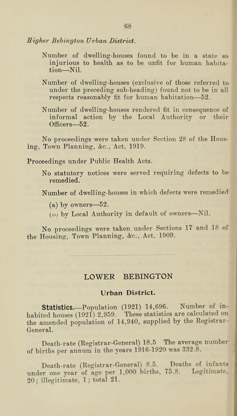 Higher Behington Urban District. Number of dwelling-houses found to be in a state so injurious to health as to be unfit for human habita- tion—Nil. Number of dwelling-houses (exclusive of those referred to under the preceding sub-heading) found not to be in all respects reasonably fit for human habitation—52. Number of dwelling-houses rendered fit in consequence of informal action by the Local Authority or their Officers—52. No proceedings were taken under Section 28 of the Hous- ing, Town Planning, &c.. Act, 1919. Proceedings under Public Health Acts. No statutory notices were served requiring defects to be remedied. Number of dwelling-houses in which defects were remedied (a) by owners—52. (uj by Local Authority in default of owners—Nil. No proceedings were taken under Sections 17 and 18 of the Housing, Town Planning, &c., Act, 1909. LOWER BEBINGTON Urban District. Statistics.—Population (1921) 14,696. Number of in- habited houses (1921) 2,959. These statistics are calculated on the amended population of 14,940, supplied by the Registrar- General. Death-rate (Registrar-General) 18.5 The average number of births per annum in the years 1916-1920 was 332.8. Death-rate (Registrar-General) 8.5. Deaths of infants under one year of age per 1,000 births, <5.8. Legitimate* 20; illegitimate, 1; total 21.