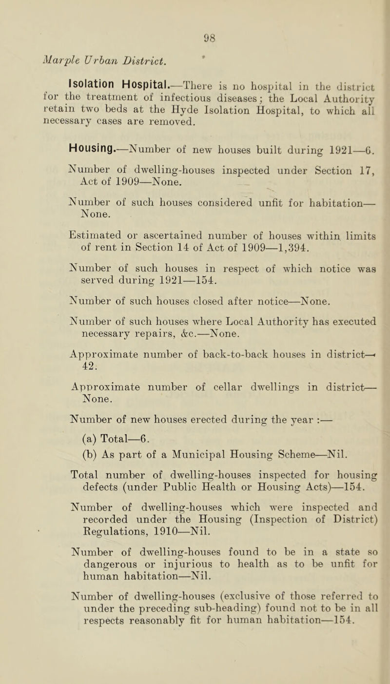 Marple Urban District. * Isolation Hospital.—There is no hospital in the district for the treatment of infectious diseases; the Local Authority retain two beds at the Hyde Isolation Hospital, to which all necessary cases are removed. Housing.—Number of new houses built during 1921—0. Number of dwelling-houses inspected under Section 17, Act of 1909—None. Number of such houses considered unfit for habitation— None. Estimated or ascertained number of houses within limits of rent in Section 14 of Act of 1909—1,394. Number of such houses in respect of which notice was served during; 1921—154. Number of such houses closed after notice—None. Number of such houses where Local Authority has executed necessary repairs, Ac.—None. Approximate number of back-to-back houses in district—• 42. Approximate number of cellar dwellings in district— N one. Number of new houses erected during the year :— (a) Total—6. (b) As part of a Municipal Housing Scheme—Nil. Total number of dwelling-houses inspected for housing defects (under Public Health or Housing Acts)—154. Number of dwelling-houses which were inspected and recorded under the Housing (Inspection of District) Regulations, 1910—Nil. Number of dwelling-houses found to be in a state so dangerous or injurious to health as to be unfit for human habitation—Nil. Number of dwelling-houses (exchisive of those referred to under the preceding sub-heading) found not to be in all respects reasonably fit for human habitation—154.