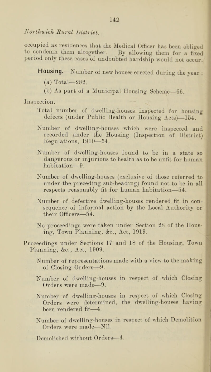Northwich Rural District. occupied as residences that the Medical Ulhcer has been obliged to condemn them altogether. By allowing them for a fixed period only these cases of undoubted hardship would not occur. Housing.—Number of new houses erected during the year : (a) Total—282. (b) As part of a Municipal Housing Scheme—66. Inspection. Total number of dwelling-houses inspected for housing defects (under Public Health or Housing Acts)—154. Number of dwelling-houses which were inspected and recorded under the Housing (Inspection of District) Regulations, 1910—54. Number of dwelling-houses found to be in a state so dangerous or injurious to health as to be unfit for human habitation—9. Number of dwelling-houses (exclusive of those referred to under the preceding sub-heading) found not to be in all respects reasonably fit for human habitation—54. Number of defective dwelling-houses rendered fit in con- sequence of informal action by the Local Authority or their Officers—54. No proceedings were taken under Section 28 of the Hous- ing, Town Planning, Ac., Act, 1919. Proceedings under Sections 17 and IS of the Housing, Town Planning, Ac., Act, 1909, Number of representations made with a view to the making of Closing Orders—9. Number of dwelling-houses in respect of which Closing Orders were made—9, Number of dwelling-houses in respect of which Closing Orders were determined, the dwelling-houses having been rendered fit—4. Number of dwelling-houses in respect of which Demolition Orders were made—Nil. Demolished without Orders—4.