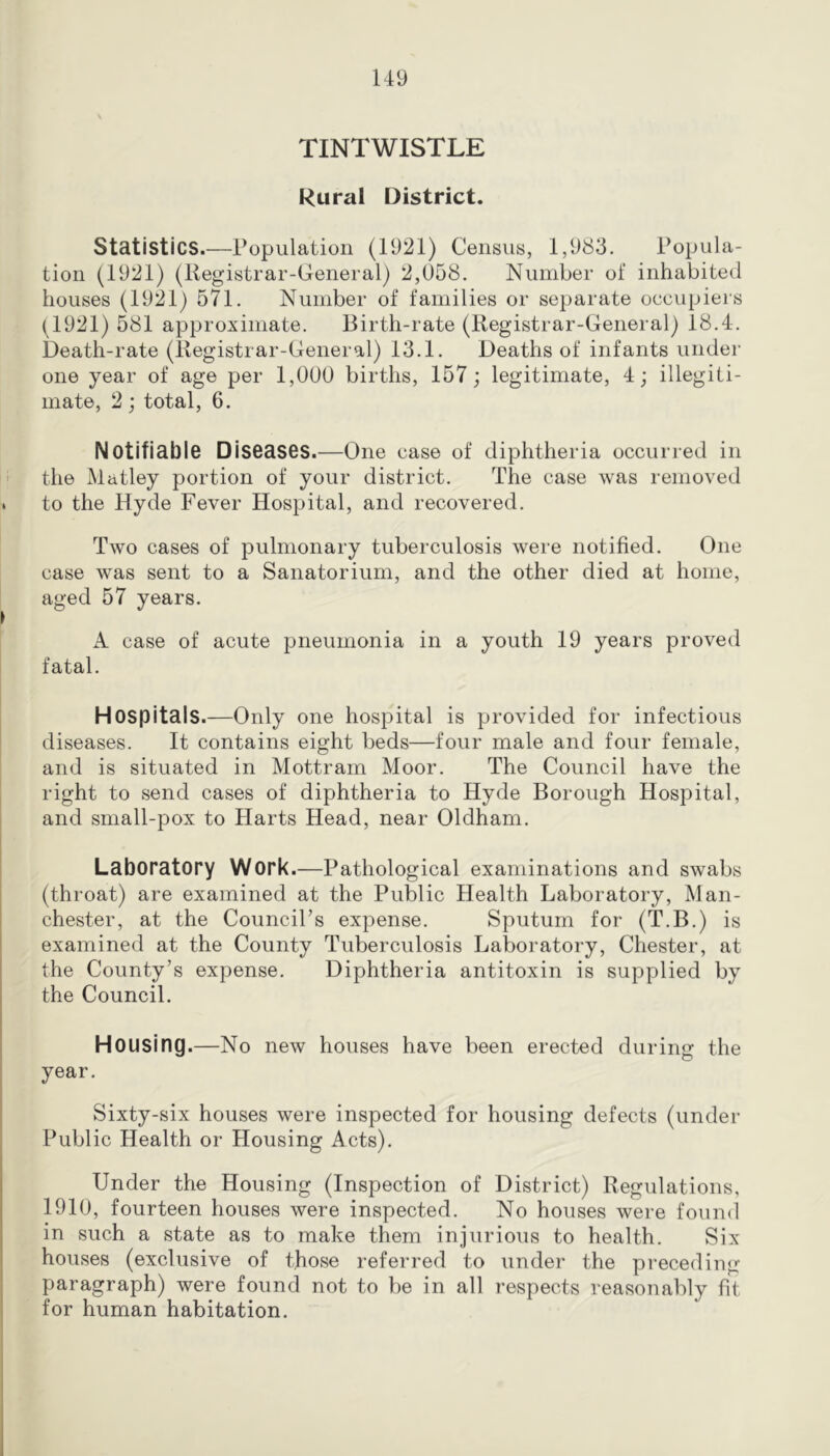 TINTWISTLE Rural District. Statistics.—Population (1921) Census, 1,983. Popula- tion (1921) (Registrar-General) 2,058. Number of inhabited houses (1921) 571. Number of families or separate occupiers (1921) 581 approximate. Birth-rate (Registrar-General) 18.4. Death-rate (Registrar-General) 13.1. Deaths of infants undei- one year of age per 1,000 births, 157; legitimate, 4; illegiti- mate, 2; total, 6. Notifiable Diseases.—One case of diphtheria occurred in ji the Matley portion of your district. The case was removed . to the Hyde Fever Hospital, and recovered. 1 Two cases of pulmonary tuberculosis were notified. One case was sent to a Sanatorium, and the other died at home, aged 57 years. ’’ A case of acute pneumonia in a youth 19 years proved fatal. Hospitals.—Only one hospital is provided for infectious diseases. It contains eight beds—four male and four female, and is situated in Mottram Moor. The Council have the right to send cases of diphtheria to Hyde Borough Hospital, I and small-pox to Harts Head, near Oldham. i . Laboratory Work.—Pathological examinations and swabs (throat) are examined at the Public Health Laboratory, Man- chester, at the Council’s expense. Sputum for (T.B.) is examined at the County Tuberculosis Laboratory, Chester, at the County’s expense. Diphtheria antitoxin is supplied by the Council. Housing.—No new houses have been erected during the year. Sixty-six houses were inspected for housing defects (under Public Health or Housing Acts). Under the Housing (Inspection of District) Regulations, 1910, fourteen houses were inspected. No houses were found in such a state as to make them injurious to health. Six houses (exclusive of those referred to under the preceding paragraph) were found not to be in all respects reasonably fit for human habitation.