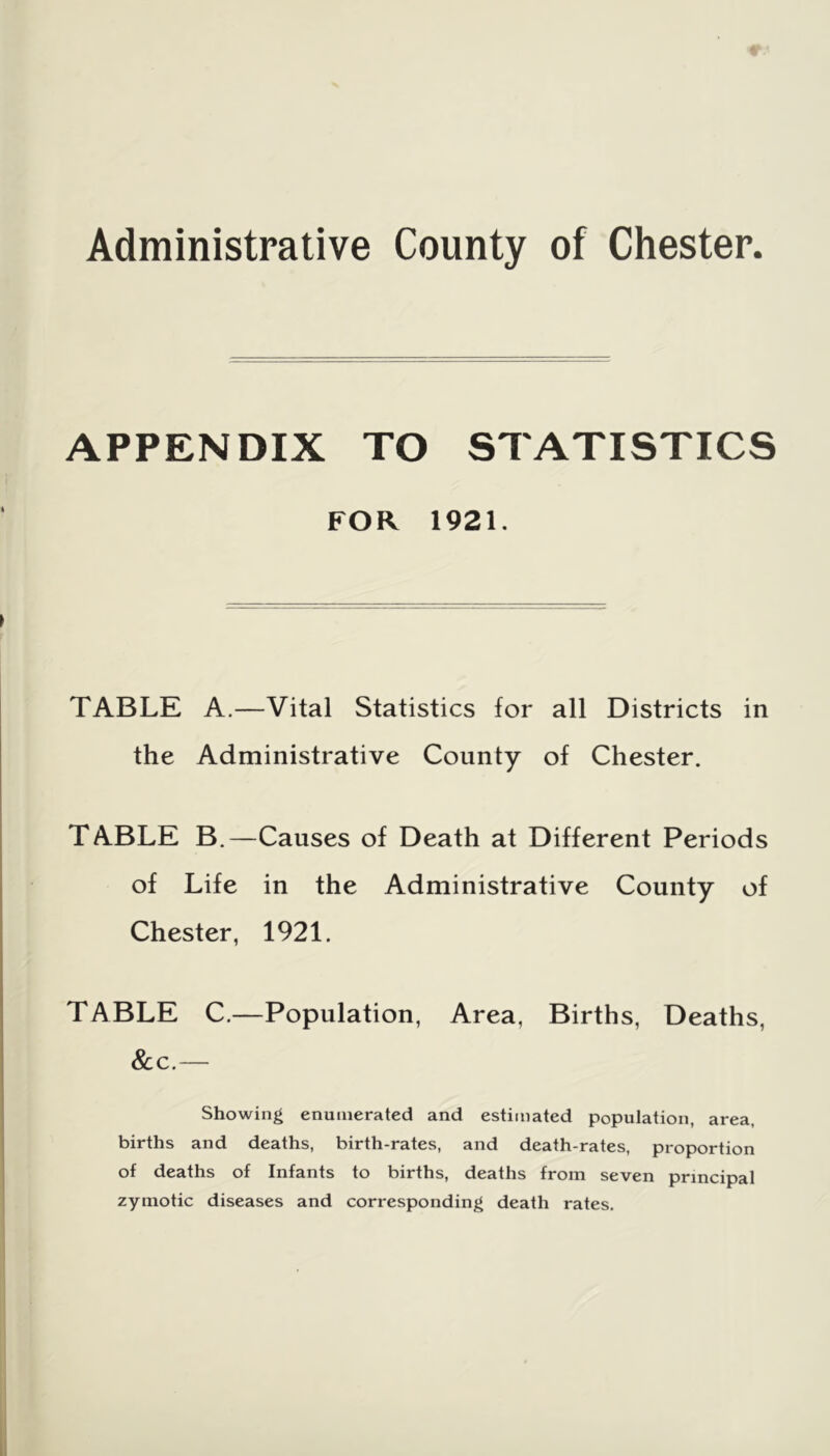 Administrative County of Chester. APPENDIX TO STATISTICS FOR 1921. TABLE A.—Vital Statistics for all Districts in the Administrative County of Chester. TABLE B.—Causes of Death at Different Periods of Life in the Administrative County of Chester, 1921. TABLE C.—Population, Area, Births, Deaths, 8cc.— Showing enumerated and estimated population, area, births and deaths, birth-rates, and death-rates, proportion of deaths of Infants to births, deaths from seven principal zymotic diseases and corresponding death rates.