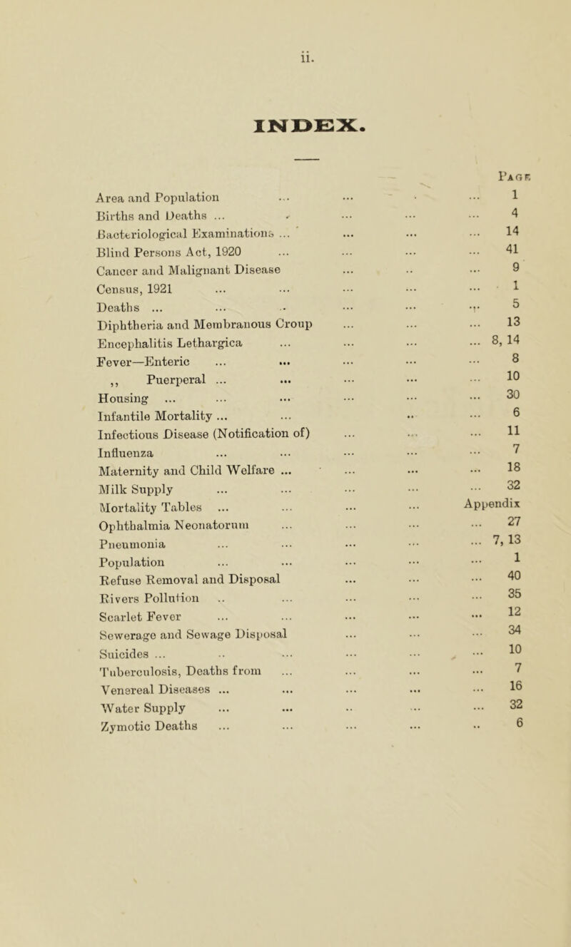 Area and Population Births and Deaths ... Bacteriological Examinations ... Blind Per.sons Act, 1920 Cancer and Malignant Disease Census, 1921 Deaths ... Diphtheria and Membranous Croup Encephalitis Lethargica Fever—Enteric ,, Puerperal ... Housing Infantile Mortality ... Infectious Disease (Notification of) Influenza Maternity and Child Welfare ... Milk Supply Mortality Tables Ophthalmia Neonatorum Pneumonia Population Refuse Removal and Disposal Rivers Pollution Scarlet Fever Sewerage and Sewage Disposal Suicides ... Tuberculosis, Deaths from Venereal Diseases ... Water Supply Zymotic Deaths Pa g r 1 4 14 41 9 1 5 13 ... 8, 14 8 10 30 6 11 7 18 32 Appendix 27 ... 7, 13 1 40 35 12 34 10 7 16 32 6