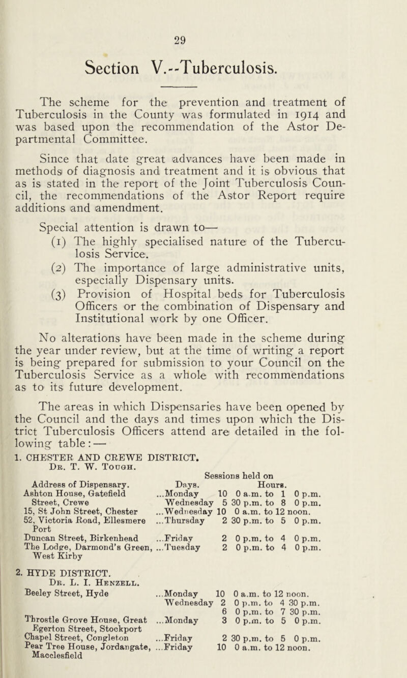 Section V.--Tuberculosis. The scheme for the prevention and treatment of Tuberculosis in the County was formulated in 1914 and was based upon the recommendation of the Astor De- partmental Committee. Since that date great advances have been made in methods) of diagnosis and treatment and it is obvious that as is stated in the report of the Joint Tuberculosis Coun- cil, the recommendations of the Astor Report require additions and amendment. Special attention is drawn to— (1) The highly specialised nature of the Tubercu- losis Service. (2) The importance of large administrative units, especially Dispensary units. (3) Provision of Hospital beds for Tuberculosis Officers or the combination of Dispensary and Institutional work by one Officer. No alterations have been made in the scheme during the year under review, but at the time of writing a report is being prepared for submission to your Council on the Tuberculosis Service as a whole with recommendations as to its future development. The areas in which Dispensaries have been opened by the Council and the days and times upon which the Dis- trict Tuberculosis Officers attend are detailed in the fol- lowing table: — 1. CHESTER AND CREWE DISTRICT. Dr. T. W. Toogh. Address of Dispensary. Ashton House, Gatefield Street, Crewe 15, St John Street, Chester 52, Victoria Road, Ellesmere Port Duncan Street, Birkenhead The Lodge, Darmond’s Green, West Kirby Sessions held on Days. Hours. ...Monday 10 0 a.m. to 1 0 p.m. Wednesday 5 30 p.m. to 8 0 p.m. ...Wednesday 10 0 a.m. to 12 noon. ...Thursday 2 30 p.m. to 5 0 p.m. ...Friday 2 0 p.m. to 4 0 p.m. ...Tuesday 2 0 p.m. to 4 0 p.m. 2. HYDE DISTRICT. Dr. L. I. Henzell. Beeley Street, Hyde ...Monday 10 0 a.m. to 12 noon. Wednesday 2 0 p.m. to 4 30 p.m. 6 0 p.m. to 7 30 p.m. Throstle Grove House, Great ...Monday 3 0 p.m. to 5 0 p.m. Egerton Street, Stockport Chapel Street, Congleton ...Friday 2 30 p.m. to 5 0 p.m. Pear Tree House, Jordangate, ...Friday 10 0 a.m. to 12 noon. Macclesfield