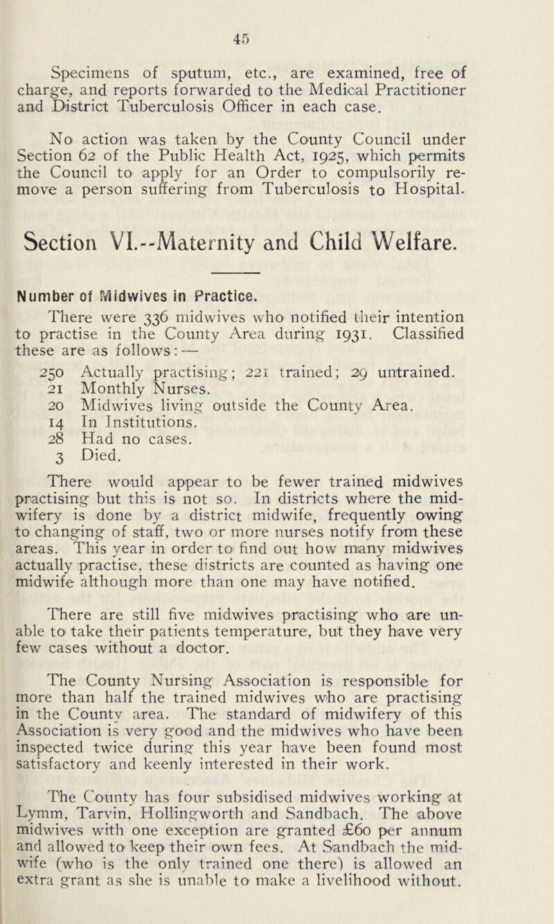 Specimens of sputum, etc., are examined, free of charge, and reports forwarded to the Medical Practitioner and District Tuberculosis Officer in each case. No action was taken by the County Council under Section 62 of the Public Health Act, 1925, which permits the Council to apply for an Order to compulsorily re- move a person suffering from Tuberculosis to Hospital. Section VI.--Maternity anti Child Welfare. Number of SVlidwives in Practice. There were 336 midwives who notified their intention to practise in the County Area during 1931. Classified these are as follows : — 250 Actually practising; 221 trained; 29 untrained. 21 Monthly Nurses. 20 Midwives living outside the County Area. 14 In Institutions. 28 Had no cases. 3 Died. There would appear to be fewer trained midwives practising but this is not so. In districts where the mid- wifery is done by a district midwife, frequently owing to changing of staff, two or more nurses notify from these areas. This year in order to find out how many midwives actually practise, these districts are counted as having one midwife although more than one may have notified. There are still five midwives practising who are un- able to take their patients temperature, but they have very few cases without a doctor. The County Nursing Association is responsible for more than half the trained midwives who are practising in the County area. The standard of midwifery of this Association is very good and the midwives who have been inspected twice during this year have been found most satisfactory and keenly interested in their work. The County has four subsidised midwives working at Lymm, Tarvin, Hollingworth and Sandbach. The above midwives with one exception are granted £60 per annum and allowed to' keep their own fees. At Sandbach the mid- wife (who is the only trained one there) is allowed an extra grant as she is unable to- make a livelihood without.