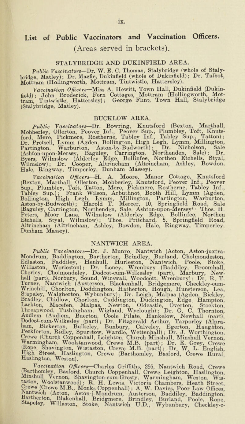 List of Public Vaccinators and Vaccination Officers. (Areas served in brackets). STALYBRIDGE AND DUKINFIELD AREA. Public Vaccinators—Dr. W. E. C. Thomas, Stalybridg-e ^whole of Staly- bridge, Matley); Dr. Macfie, Dukintield (whole of Dukinfield); Dr. Talbot, Moittram (Hollingworth, Mottram, Tintwistle, Hattersley). Vaccination Officers—Miss A. Hewitt, Town Hall, Dukinfield (Dukin¬ field) ; John Broderick, Fern Cottages, Mottram (Hollingworth, Mot- tram, Tintwistile, Hattersley); George Flint, Town Hall, Stalybridge (Sralybridge, Matley). BUCKLOW AREA. Public Vaccinators—Dr. Bowring, Knutsford (Bexton, Marthall, Mobberley, Ollerton, Peover Inf., Peover Sup., Plumbley, Toft, KTnuts- ford. Mere, Pickmere, Rostherne, Tabley Inf., Tabley Sup., Tatton); Dr. Pretsell, Lymm (Agden, Bollington, High Legh, Lymm, Millington, Partington, Warburton, Aston-by-Budworth): Dr. Nicholson, Sale (Ashton-upon-Mersey, Baguley, Carrington, Northenden, Sale); Dr. Byers, Wilmslow (Alderley Edge, Bollinfee, Northen Etchells, Styal, Wilmdow); Dr. Cooper, Altrincham (Altrincham, Ashley, Bowdon, Hale, Ringway, Timperley, Dunham Massey). Vaccination Officers—H. A. Moore, Manor Cottage, Knutsford (Bexton, Marthall, Ollerton, Mobberley, Knutsford, Peover Inf., Peover Sup., Plumbley, Toft, Tatton, Mere, Pickmere, Rostherne, Tabley Inf., Tabley Sup.); Frank Wilson^ Arbuthnot, Booth Hill, Lymm (Agden, Bollington, High Legh, Lymm, Millington, Partington, Warburton, Aston-by-Budworth); Harold T. Mercer, 10, Springfield Road, Sale (Baguley, Carrington, Northenden, Sale, Ashton-upon-Mersey' • Thos. H. Peters, Moor Lane, Wilmslow (Alderley Edge, Bollinfee, Northen Etchells, Styal, Wilmslow); Tbos. Pritchard, 5, Springfield Road, Altrincham (Altrincham, Ashley, Bowdon, Hale, Ringway, Timperley. Dunham Massey). NANTWICH AREA. Public Vaccinators—Dr. J. Munro, Nantwich (Acton, Aston-juxtra- Mondrum, Baddington, Bartberton, Brindley, Burland, Cholmondeston, Edlaston, Faddiley, Henhull, Hurleston, Nantwich, Poole, Stoke, Willaston, Worleston); Dr. Loney, Wrenbury (Baddiley, Broomhall, Chorley, CholmondeW, Dodcot-cum-Wilkesley (part), Marbury, New- hall (part), Norbury, Sound, Wirswall, Woodcott, Wrenbury) ; Dr. R. T. Turner, Nantwich (Austerson, Blackenhall, Bridgemere, Checkley-cum- Wrinehill, Chorlton, Doddington, Hatherton, Hough, Hunsterson, Lea, Stapeley, Walgherton, Wybunbury); Dr. Leigh, M^pas (Agden, Bickley, Bradley, Chidlow, Chorlton, Cuddington, Duckington, Edge, Hampton, Larkton, Macefen, Malpas, Newton, Oldcastle, Overton, Stockton, Threapwood, Tushingham, Wigland, Wyclough); Dr. G. C. Thornton, Audlem (Audlem, Buerton, Code Pilate, Hankelow, Newhall toarO, Dodcot-ci^-Wilkesley (part); Dr. Fitzgerald Arthur, Tarporley (Alpra- ham, Bickerton, Bulkeley, Bunbury, Calveley, Egerton, Haughton, Peckforton, Ridley, Sptirstow, Wardle, Wettenhall); Dr. J. Worthington, Crewe (Church Coppenhall, Leighton, Church Minshull, Minshull Vernon, Warmingharn. Woolstanwood, Crewe M.B. (part); Dr. E. Grey, Crewe (Rope, Shavington, Wistaston, Crewe M.B. (part); Dr. W. L. English, High Street. Haslington, Crewe (Barthomley, Basford, Crewe Rural, Haslington, Weston). Vaccination Officers—'Charles Griffiths, 256, Nantwich Road, Crewe (Barthomley, Basford, Church Coppenhall, Crewe Leighton, Haslington, Minshull Vernon, Shavington-cum-Gresty, Warmingharn, Weston, Wis- toston, Woolstanwood); R. H. Lewis. Victoria Chambers, Heath Street, Lrewe (Crewe M.B., Monks Coppenhall); A. W. Davies, Poor Law Offices, ^antwich (Acton, Aston-j-Mondrum, Austerson, Baddiley, Baddington, Bartherton Blakenhall, Bridgmore, Brindley, Burland, Poole, Rope, tapeley, Willaston, Stoke, Nantwich U.D., Wybunbury, Checkley-c-