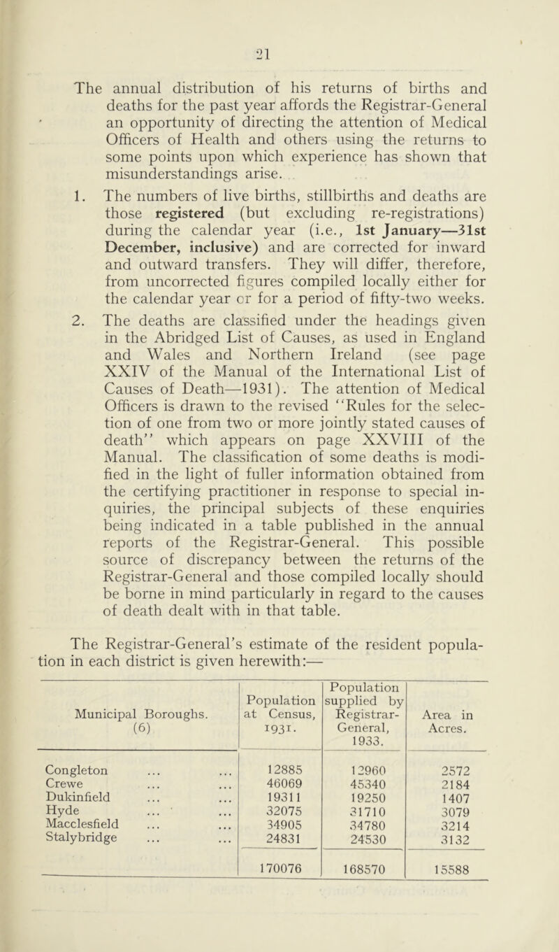 The annual distribution of his returns of births and deaths for the past yeaf affords the Registrar-General an opportunity of directing the attention of Medical Officers of Health and others using the returns to some points upon which experience has shown that misunderstandings arise. 1. The numbers of live births, stillbirths and deaths are those registered (but excluding re-registrations) during the calendar year (i.e., 1st January—31st December, inclusive) and are corrected for inward and outward transfers. They will differ, therefore, from uncorrected figures compiled locally either for the calendar year or for a period of fifty-two weeks. 2. The deaths are classified under the headings given in the Abridged List of Causes, as used in England and Wales and Northern Ireland (see page XXIV of the Manual of the International List of Causes of Death—1931). The attention of Medical Officers is drawn to the revised Rules for the selec- tion of one from two or more jointly stated causes of death which appears on page XXVIII of the Manual. The classification of some deaths is modi- fied in the light of fuller information obtained from the certifying practitioner in response to special in- quiries, the principal subjects of these enquiries being indicated in a table published in the annual reports of the Registrar-General. This possible source of discrepancy between the returns of the Registrar-General and those compiled locally should be borne in mind particularly in regard to the causes of death dealt with in that table. The Registrar-General’s estimate of the resident popula- tion in each district is given herewith:— Municipal Boroughs. (6) Population at Census, 1931- Population supplied by Registrar- General, 1933. Area in Acres. Congleton 12885 12960 2572 Crewe 46069 45340 2184 Dukinfield 19311 19250 1407 Hyde ... ’ 32075 31710 3079 Macclesfield 34905 34780 3214 Stalybridge 24831 24530 3132 170076 168570 15588