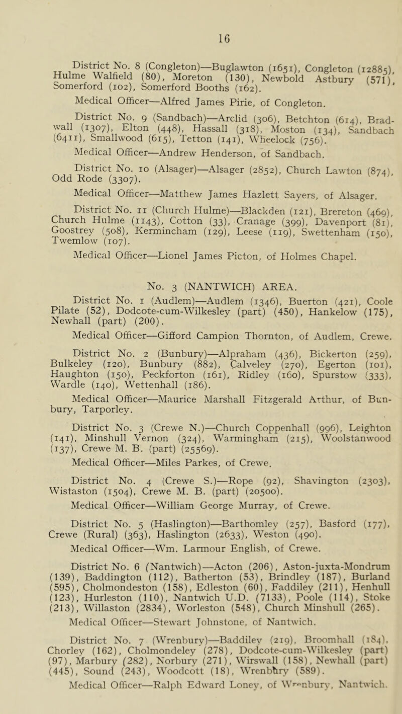 District No. 8 (Congleton)—Buglawton (1651), Congleton (1288s) Hulme Walfield (80), Moreton (130), Newbold Astbury (571)’ Somerford (102), Somerford Booths (162). Medical Officer—Alfred James Pirie, of Congleton. District No. 9 (Sandbach)—Arclid (306), Betchton (614), Brad- wall (1307), Elton (448), Hassall (318), Moston (134), Sandbach (6411), Smallwood (615), Tetton (141), Wheelock (756). Medical Officer—Andrew Henderson, of Sandbach. District No. 10 (Alsager)—Alsager (2852), Church Lawton (874), Odd Rode (3307). Medical Officer—Matthew James Hazlett Sayers, of Alsager. District No. ii (Church Hulme)—Blackden (121), Brereton (469), Church Hulme (1143), Cotton (33), Cranage (399), Davenport (81)! Goostrey (508), Kermincham (129), Leese (119), Swettenham (150), Twemlow (107). Medical Officer—Lionel James Picton, of Holmes Chapel. No. 3 (NANTWICH) AREA. District No. i (Audlem)—Audlem (1346), Buerton (421), Coole Pilate (52), Dodcote-cum-Wilkesley (part) (450), Hankelow (175), Newhall (part) (200). Medical Officer—Gifford Campion Thornton, of Audlem, Crewe. District No. 2 (Bunbury)—Alpraham (436), Bickerton (259), Bulkeley (120), Bunbury (882), Calveley (270), Egerton (loi), Haughton (150), Peckforton (161), Ridley (160), Spurstow (333), Wardle (140), Wettenhall (186). Medical Officer—Maurice Marshall Fitzgerald Arthur, of Bun- bury, Tarporley. District No. 3 (Crewe N.)—Church Coppenhall (996), Leighton (141), Minshull Vernon (324), Warmingham (215), Woolstanwood (137), Crewe M. B. (part) (25569). Medical Officer—Miles Parkes, of Crewe. District No. 4 (Crewe S.)—Rope (92), Shavington (2303), Wistaston (1504), Crewe M. B. (part) (20500). Medical Officer—William George Murray, of Crewe. District No. 5 (Haslington)'—Barthomley (257), Basford (177), Crewe (Rural) (363), Haslington (2633), Weston (490). Medical Officer—Wm. Larmour English, of Crewe. District No. 6 (Nantwich)—Acton (206), Aston-juxta-Mondrum (139), Baddington (112), Batherton (53), Brindley (187), Burland (595), Cholmondeston (158), Edleston (60), Faddiley (211), Henhull (123), Hurleston (110), Nantwich U.D. (7133), Poole (114), Stoke (213), Willaston (2834), Worleston (548), Church Minshull (265). Medical Officer—Stewart Johnstone, of Nantwich. District No. 7 (Wrenbury)—Baddiley (219), Broomhall (1S4), Chorley (162), Cholmondeley (278), Dodcote-cum-Wilkesley (part) (97), Marbury (282), Norbury (271), Wirswall (158), Newhall (part) (445), Sound (243), Woodcott (18), Wrenbhry (589). Medical Officer—Ralph Edward Loney, of W^^nbury, Nantwich.