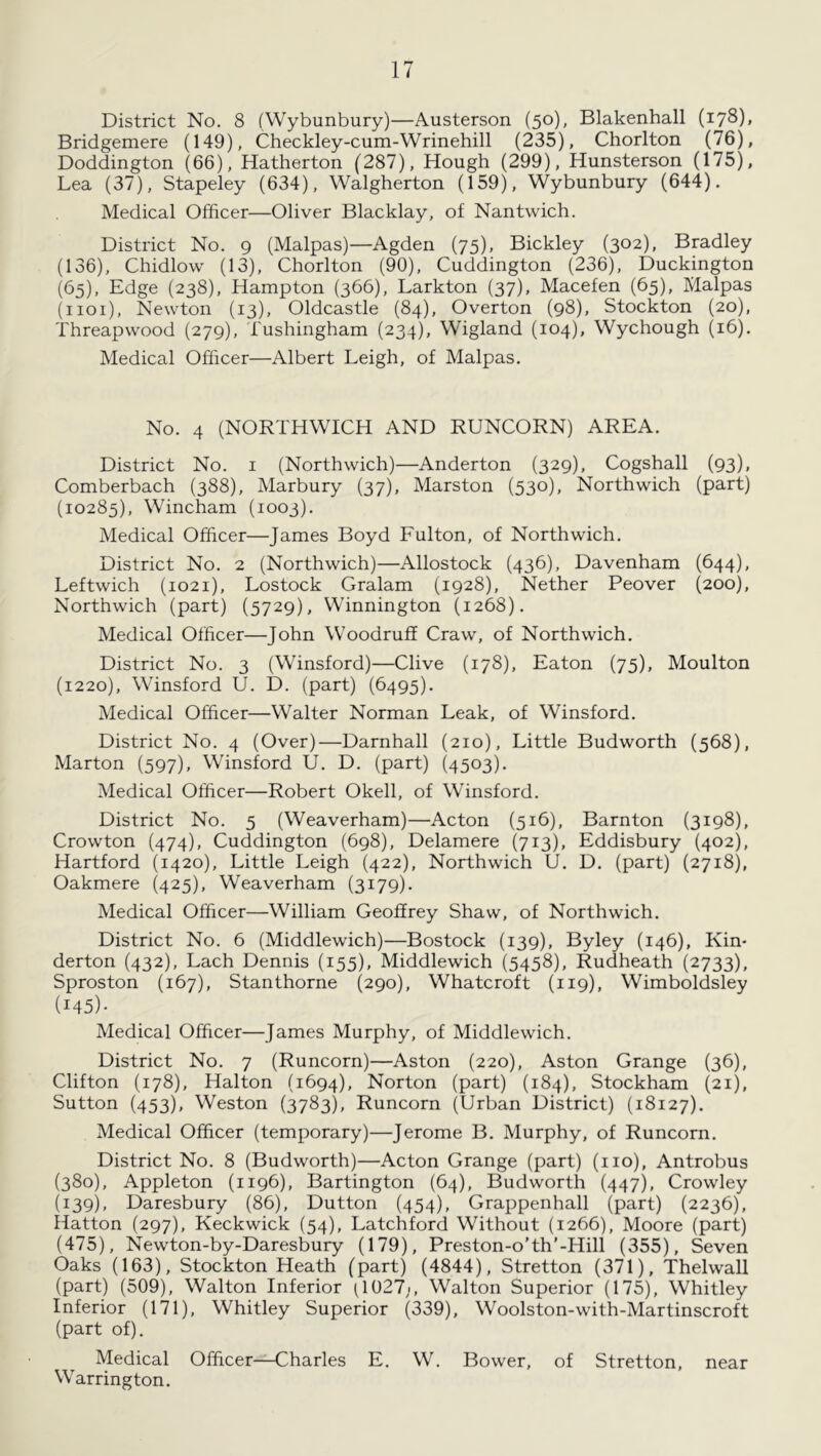 District No. 8 (Wybunbury)—Austerson (50), Blakenhall (178). Bridgemere (149), Checkley-cum-Wrinehill (235), Chorlton (76), Doddington (66), Hatherton (287), Hough (299), Hunsterson (175), Lea (37), Stapeley (634), Walgherton (159), Wybunbury (644). Medical Officer—Oliver Blacklay, of Nantwich. District No. 9 (Malpas)—Agden (75), Bickley (302), Bradley (136), Chidlow (13), Chorlton (90), Cuddington (236), Duckington (65), Edge (238), Hampton (366), Larkton (37), Macefen (65), Malpas (iioi), Newton (13), Oldcastle (84), Overton (98), Stockton (20), Threapwood (279), Tushingham (234), Wigland (104), Wychough (16). Medical Officer—Albert Leigh, of Malpas. No. 4 (NORTHWICH AND RUNCORN) AREA. District No. i (Northwich)—Anderton (329), Cogshall (93)» Comberbach (388), Marbury (37), Marston (530), Northwich (part) (10285), Wincham (1003). Medical Officer—James Boyd Fulton, of Northwich. District No. 2 (Northwich)—Allostock (436), Davenham (644), Leftwich (1021), Lostock Gralam (1928), Nether Peover (200), Northwich (part) (5729), Winnington (1268). Medical Officer—John Woodruff Craw, of Northwich. District No. 3 (Winsford)—Clive (178), Eaton (75), Moulton (1220), Winsford U. D. (part) (6495). Medical Officer—Walter Norman Leak, of Winsford. District No. 4 (Over)—Darnhall (210), Little Budworth (568), Marton (597), Winsford U. D. (part) (4503). Medical Officer—Robert Okell, of Winsford. District No. 5 (Weaverham)—Acton (516), Barnton (3198), Crowton (474), Cuddington (698), Delamere (713), Eddisbury (402), Hartford (1420), Little Leigh (422), Northwich U. D. (part) (2718), Oakmere (425), Weaverham (3179). Medical Officer—William Geoffrey Shaw, of Northwich. District No. 6 (Middlewich)—Bostock (139), Byley (146), Kin- derton (432), Lach Dennis (155), Middlewich (5458), Rudheath (2733), Sproston (167), Stanthorne (290), Whatcroft (119), Wimboldsley (145)- Medical Officer—James Murphy, of Middlewich. District No. 7 (Runcorn)—Aston (220), Aston Grange (36), Clifton (178), Halton (1694), Norton (part) (184), Stockham (21), Sutton (453), Weston (3783), Runcorn (Urban District) (18127). Medical Officer (temporary)—Jerome B. Murphy, of Runcorn. District No. 8 (Budworth)—Acton Grange (part) (no), Antrobus (380), Appleton (1196), Bartington (64), Budworth (447), Crowley (139), Daresbury (86), Dutton (454), Grappenhall (part) (2236), Hatton (297), Keckwick (54), Latchford Without (1266), Moore (part) (475), Newton-by-Daresbury (179), Preston-o'th’-Hill (355), Seven Oaks (163), Stockton Heath (part) (4844), Stretton (371), Thelwall (part) (509), Walton Inferior (1027;, Walton Superior (175), Whitley Inferior (171), Whitley Superior (339), Woolston-with-Martinscroft (part of). Medical Officer—Charles E, W. Bower, of Stretton, near Warrington.
