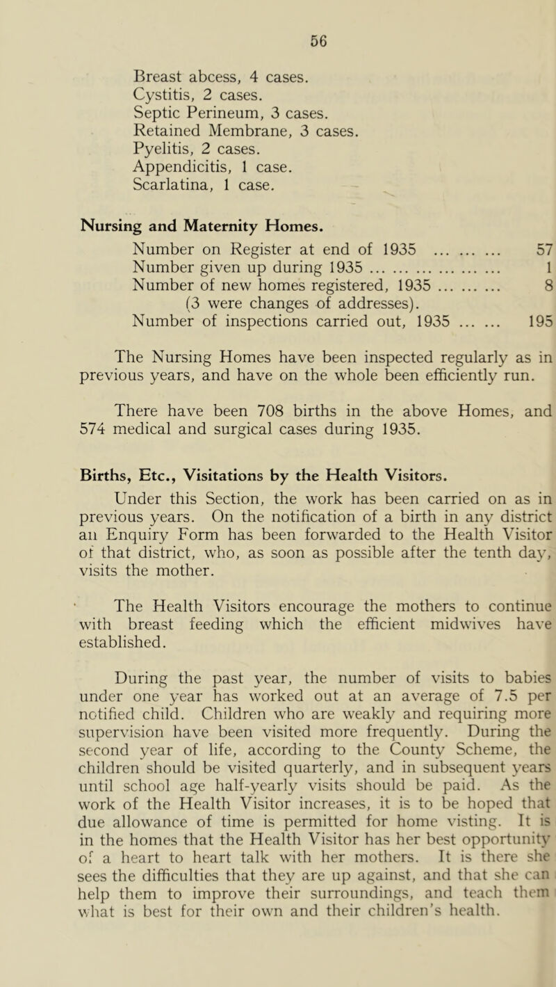 Breast abcess, 4 cases. Cystitis, 2 cases. Septic Perineum, 3 cases. Retained Membrane, 3 cases. Pyelitis, 2 cases. Appendicitis, 1 case. Scarlatina, 1 case. Nursing and Maternity Homes. Number on Register at end of 1935 57 Number given up during 1935 1 Number of new homes registered, 1935 8 (3 were changes of addresses). Number of inspections carried out, 1935 195 The Nursing Homes have been inspected regularly as in previous years, and have on the whole been efficiently run. There have been 708 births in the above Homes, and 574 medical and surgical cases during 1935. Births, Etc., Visitations by the Health Visitors. Under this Section, the work has been carried on as in previous years. On the notification of a birth in any district an Enquiry Form has been forwarded to the Health Visitor of that district, who, as soon as possible after the tenth day, visits the mother. The Health Visitors encourage the mothers to continue with breast feeding which the efficient midwives have established. During the past year, the number of visits to babies under one year has worked out at an average of 7.5 per notified child. Children who are weakly and requiring more supervision have been visited more frequently. During the second year of life, according to the County Scheme, the children should be visited quarterly, and in subsequent years until school age half-yearly visits should be paid. As the work of the Health Visitor increases, it is to be hoped that due allowance of time is permitted for home visting. It is in the homes that the Health Visitor has her best opportunity of a heart to heart talk with her mothers. It is there she sees the difficulties that they are up against, and that she can help them to improve their surroundings, and teach them what is best for their own and their children’s health.