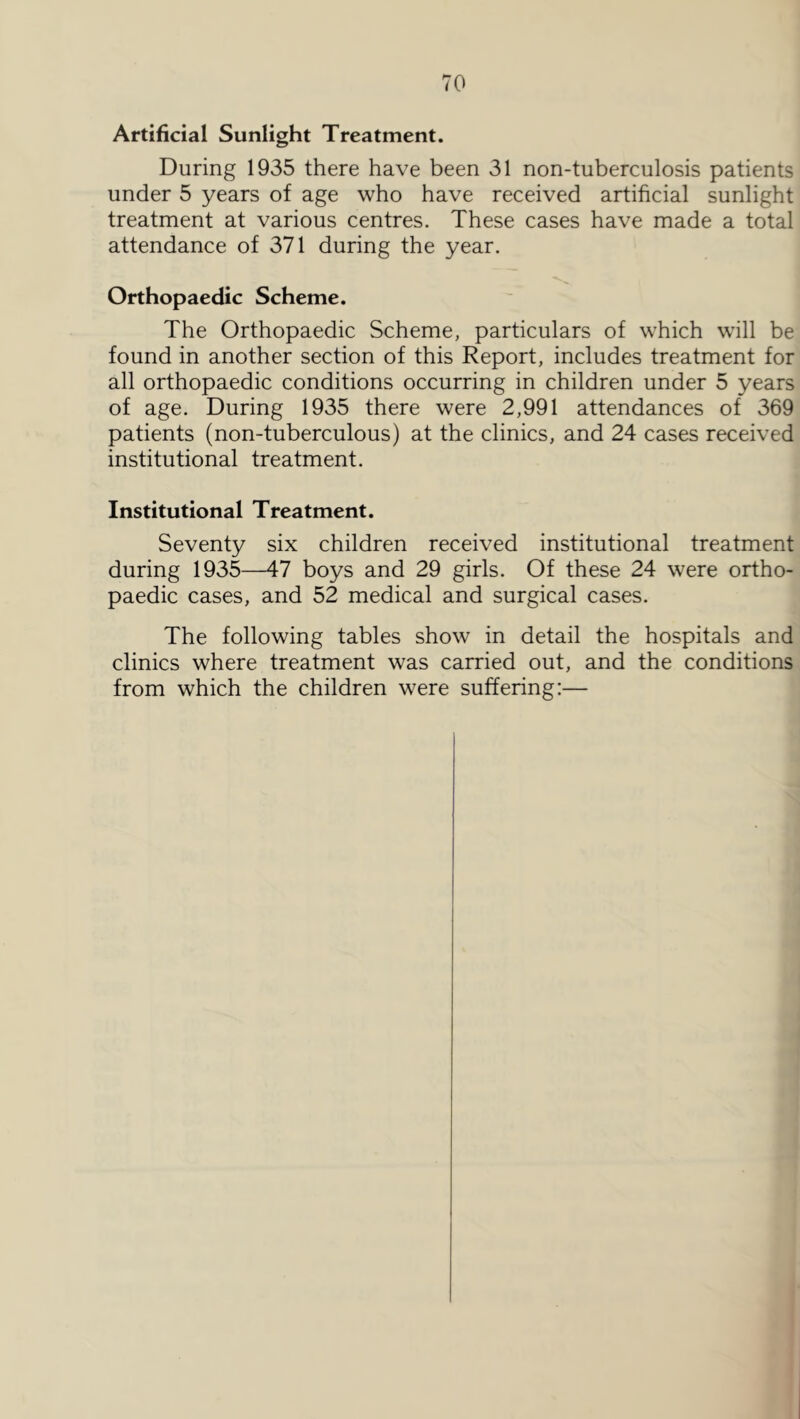 Artificial Sunlight Treatment. During 1935 there have been 31 non-tuberculosis patients under 5 years of age who have received artificial sunlight treatment at various centres. These cases have made a total attendance of 371 during the year. Orthopaedic Scheme. The Orthopaedic Scheme, particulars of which will be found in another section of this Report, includes treatment for all orthopaedic conditions occurring in children under 5 years of age. During 1935 there were 2,991 attendances of 369 patients (non-tuberculous) at the clinics, and 24 cases received institutional treatment. Institutional Treatment. Seventy six children received institutional treatment during 1935—47 boys and 29 girls. Of these 24 were ortho- paedic cases, and 52 medical and surgical cases. The following tables show in detail the hospitals and clinics where treatment was carried out, and the conditions from which the children were suffering:—