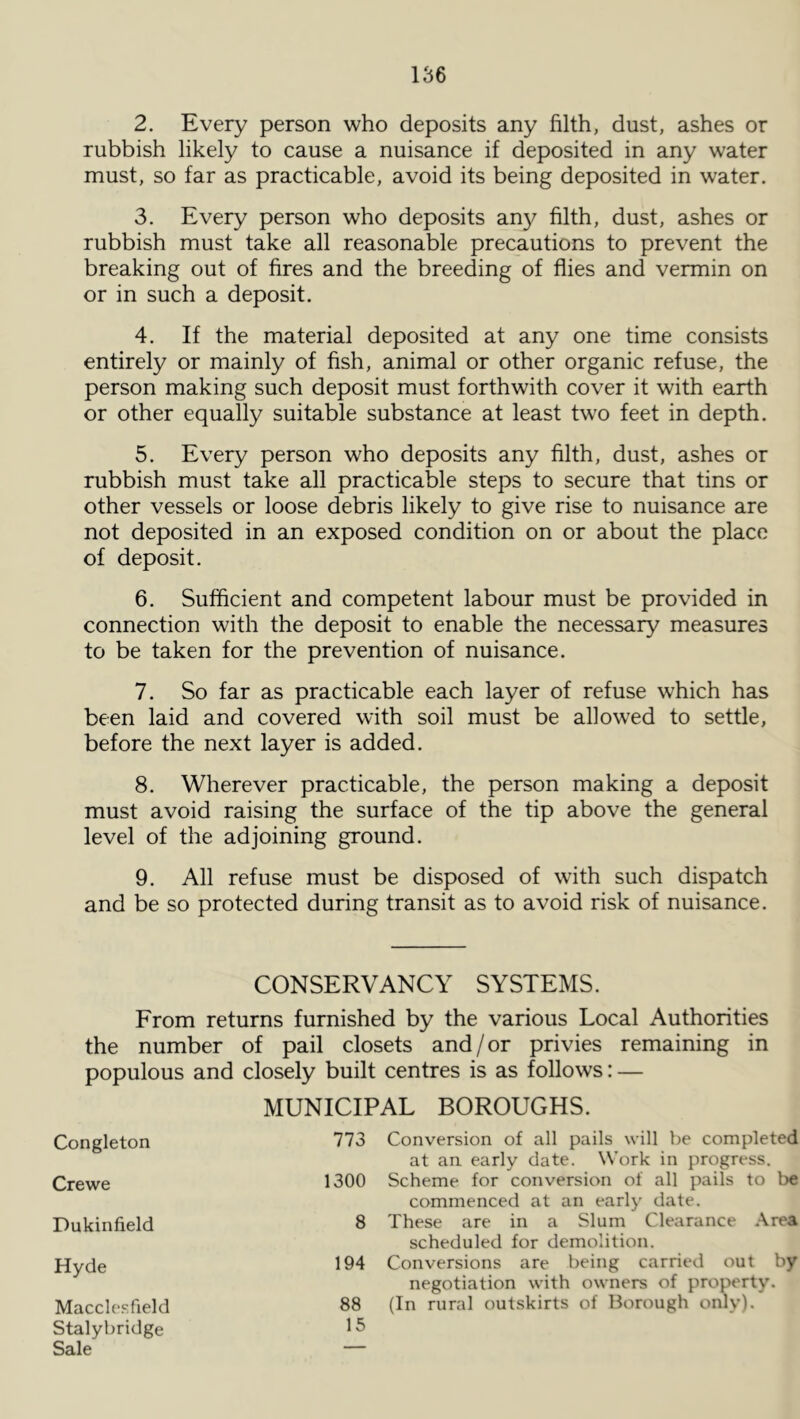 2. Every person who deposits any filth, dust, ashes or rubbish likely to cause a nuisance if deposited in any water must, so far as practicable, avoid its being deposited in water. 3. Every person who deposits any filth, dust, ashes or rubbish must take all reasonable precautions to prevent the breaking out of fires and the breeding of flies and vermin on or in such a deposit. 4. If the material deposited at any one time consists entirely or mainly of fish, animal or other organic refuse, the person making such deposit must forthwith cover it with earth or other equally suitable substance at least two feet in depth. 5. Every person who deposits any filth, dust, ashes or rubbish must take all practicable steps to secure that tins or other vessels or loose debris likely to give rise to nuisance are not deposited in an exposed condition on or about the place of deposit. 6. Sufficient and competent labour must be provided in connection with the deposit to enable the necessary measures to be taken for the prevention of nuisance. 7. So far as practicable each layer of refuse which has been laid and covered with soil must be allowed to settle, before the next layer is added. 8. Wherever practicable, the person making a deposit must avoid raising the surface of the tip above the general level of the adjoining ground. 9. All refuse must be disposed of with such dispatch and be so protected during transit as to avoid risk of nuisance. CONSERVANCY SYSTEMS. From returns furnished by the various Local Authorities the number of pail closets and/or privies remaining in populous and closely built centres is as follows: — MUNICIPAL BOROUGHS. 773 Conversion of all pails will be completed at an early date. Work in progress. 1300 Scheme for conversion of all pails to be commenced at an early date. 8 These are in a Slum Clearance Area scheduled for demolition. 194 Conversions are being carried out by negotiation with owners of property. 88 (In rural outskirts of Borough only). 15 Congleton Crewe Dukinfield Hyde Macclesfield Stalybridge Sale