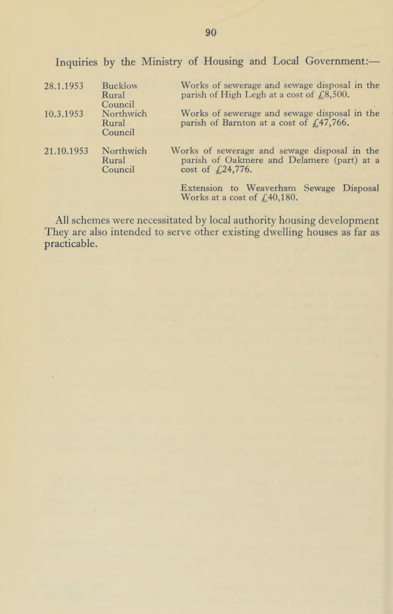 Inquiries by the Ministry of Housing and Local Government:— 28.1.1953 Bucklow Rural Council 10.3.1953 Northwich Rural Council 21.10.1953 Northwich Rural Council Works of sewerage and sewage disposal in the parish of High Legh at a cost of £8,500. Works of sewerage and sewage disposal in the parish of Barnton at a cost of £47,766. Works of sewerage and sewage disposal in the parish of Oakmere and Delamere (part) at a cost of £24,776. Extension to Weaverham Sewage Disposal Works at a cost of £40,180. All schemes were necessitated by local authority housing development They are also intended to serve other existing dwelling houses as far as practicable.