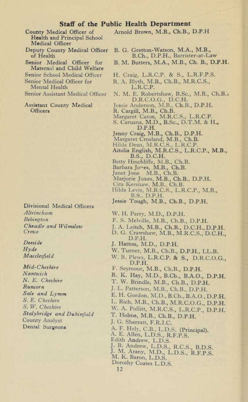 Staff of the Public Health Department County Medical Officer of Arnold Brown, M.B., Ch.B., D.P.H Health and Principal School Medical Officer Deputy County Medical Officer of Health Senior Medical Officer for Maternal and Child Welfare Senior School Medical Officer Senior Medical Officer for Mental Health Senior Assistant Medical Officer Assistant County Medical Officers Divisional Medical Officers Altrincham Bebington Cheadle and Wilmtlow Creive Deeside Hyde Macclesfield Mid-Cheshire Nantu'ich N. E. Cheshire Runcorn Salt and Lymm S. E. Cheshire S. W. Cheshire Stalybridge and Dukinfield County Analyst Dental Surgeons B. G. Gretton-Watson, M.A., M.B., B.Ch., D.P.H., Barrister-at-Law B. M. Butters, M.A., M.B., Ch. B., D.P.H, H. Craig, L.R.C.P. & S., L.R.F.P.S. R. A. Blyth, M.B., Ch.B., M.R.C.S., L.R.C.P. N. M. E. Robertshaw, B.Sc., M.B., Ch,B.> D.R.C.O.G., D.C.H. Jessie Anderson, M.B., Ch.B., D.P.H. R. Cargill, M.B., Ch.B. Margaret Caton, M.R.C.S., L.R.C.P. S. Caruana, M.D., B.Sc., D.T.M. & H., D.P.H. Jenny Craig, M.B., Ch.B., D.P.H. Margaret Crosland, M.B., Ch.B. Hilda Dean, M.R.C.S., L.R.C.P. Aitolia English, M.R.C.S., L.R.C.P., M.B., B S D C H Betty Hinchliffe, M.B., Ch.B. Barbara Jo-’es, M.B., Ch.B. Janet Jone M.B., Ch.B. Marjorie Jukes, M.B., Ch.B., D.P.H. Cita Kershaw, M.B., Ch.B. Hilda Levis, M.R.C.S., L.R.C.P., M.B., B.S.. D.P.H. Jessie Tough, M.B., Ch.B., D.P.H. W. H. Parry, M.D., D.P.H. F. S. Melville, M.B., Ch.B., D.P.H. J. A. Leitch, M.B., Ch.B., D.C.H., D.P.H. D. G. Crawshaw, M.B., M.R.C.S., D.C.H., D.P.H. J. Hatton, M.D., D.P.H. W. Turner, M.B., Ch.B., D.P.H., LL.B. W. R. Plews, L.R.C.P. & S., D.R.C.O.G., D.P.H. F. Seymour, M.B., Ch.B., D.P.H. R. K. Hay, M.D., B.Ch., B.A.O., D.P.H. T. W. Brindle, M.B., Ch.B., D.P.H. J. L. Patterson, M.B., Ch.B., D.P.H. E. H. Gordon, M.D., B.Ch., B.A.O., D.P.H. L. Rich, M.B., Ch.B., M.R.C.O.G., D.P.H. W. A. Pollitt, M.R.C.S., L.R.C.P., D.P.H. T. Holme, M.B., Ch.B., D.P.H. J. G. Sherratt, F.R.I.C. A. F. Hely, C.B., J>.D.S. (Principal). A. E. Allen, L.D.S., R.F.P.S. Edith Andrew, L.D.S. J. B. Andrew, L.D.S., R.C.S., B.D.S. J- M. Arany, M.D., L.D.S., R.F.P.S. M. K. Baron, L.D.S. Dorothy Coates L.D.S.