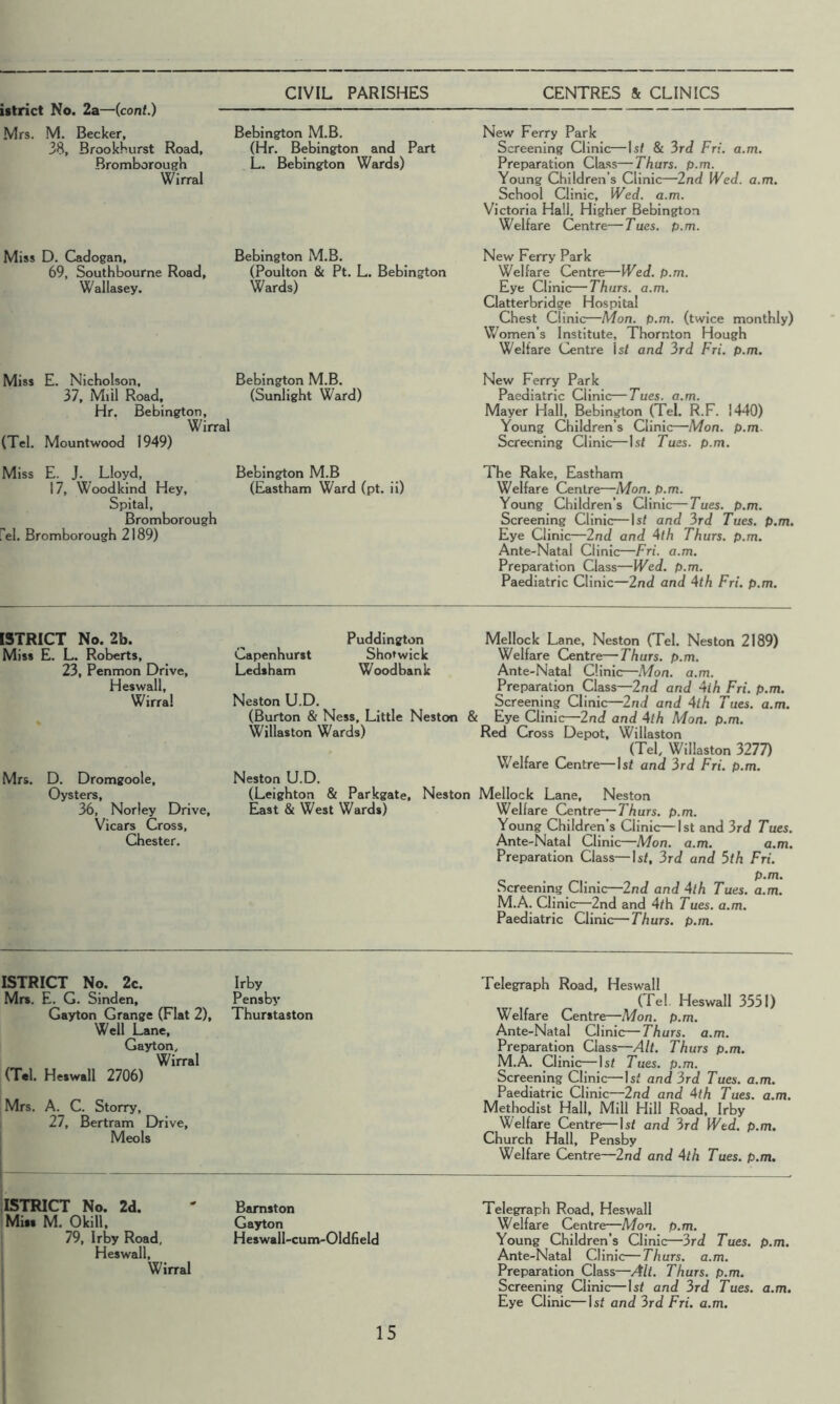 istrict No. 2a—(coat.) Mrs. M. Becker, 38, BrookHurst Road, Bromborough Wirral Miss D. Cadogan, 69, Southbourne Road, Wallasey. Bebington M.B. (Hr. Bebington and Peirt L. Bebington Wards) Bebington M.B. (Poulton & Pt. L. Bebington Wards) Bebington M.B. (Sunlight Ward) Wirral (Tel. Mountwood 1949) Miss E. Nicholson. 37, Mill Road, Hr. Bebington, New Ferry Park Screening Clinic—Isf & 3rd Fri. a.m. Preparation Class—Thurs. p.m. Young Children’s Clinic—2nd Wed. a.m. School Clinic, Wed. a.m. Victoria Hall, Higher Bebington Welfare Centre—Tues. p.m. New Ferry Park Welfare Centre—Wed. p.m. Eye Clinic—Thurs. a.m. Clatterbridge Hospital Chest Clinic—Mon. p.m. (twice monthly) Women’s Institute, Thornton Hough Welfare Centre Is/ and 3rd Fri. p.m. New Ferry Park Paediatric Clinic—Tues. a.m. Mayer Hall, Bebington (Tel. R.F. 1440) Young Children’s Clinic—Mon. p.m. Screening Clinic—Is/ Tues. p.m. Miss E. J. Lloyd, Bebington M.B 17, Woodkind Hey, (Eastham Ward (pt. il) Spital, Bromborough fel. Bromborough 2189) The Rake, Eastham Welfare Centre—Mon. p.m. Young Children’s Clinic—Tues. p.m. Screening Clinic—Is/ and 3rd Tues. p.m. Eye Clinic—2nd and 4th Thurs. p.m. Ante-Natal Clinic—Fri. a.m. Preparation Class—Wed. p.m. Paediatric Clinic—2nd and 4th Fri. p.m. ISTRICT No. 2b. Miss E. L. Roberts, 23, Penmon Drive, Heswall, Wirral Mrs. D. Dromgoole, Oysters, 36, Norley Drive, Vicars Cross, Chester. Puddington Mellock Lane, Neston (Tel. Neston 2189) Capenhurst Shotwick Welfare (Dentre—Thurs. p.m. Ledsham Woodbank Ante-Natal Clinic—Mon. a.m. Preparation Class—2nd and 4th Fri. p.m. Screening Clinic—2nd and 4th Tues. a.m. [ Eye Clinic—2nd and 4th Mon. p.m. Red Cross Depot, Willaston (Tel, Willaston 3277) Welfare Cientre—Is/ and 3rd Fri. p.m. Neston Mellock Lane, Neston Welfare Centre—Thurs. p.m. Young Children’s Clinic—1st and 3rd Tues. Ante-Natal Clinic—Mon. a.m. a.m. Preparation Class—Is/, 3rd and 5th Fri. Neston U.D. (Burton & Ness, Little Neston Willaston Wards) Neston U.D. (Leighton & Parkgate, East & West Wards) p.m. Screening Clinic—2nd and 4th Tues. a.m. M.A. Clinic—2nd and 4/h Tues. a.m. Paediatric Clinic—Thurs. p.m. ISTRICT No. 2c. Mrs. E. G. Sinden, Gayton Grange (Flat 2), Well Lane. Gayton, Wirral (Tal. Heswall 2706) Irby Pensby Thurstaston Mrs. A. C. Storry, 27, Bertram Drive, Meols I Telegraph Road, Heswall (Tel Heswall 3551) Welfare Centre—Mon. p.m. Ante-Natal Clinic—Thurs. a.m. Preparation Class—Alt. Thurs p.m. M.A. Clinic—Is/ Tues. p.m. Screening Clinic—Is/ and 3rd Tues. a.m. Paediatric Clinic—2nd and 4th Tues. a.m. Methodist Hall, Mill Hill Road, Irby Welfare Centre—Is/ and 3rd Wed. p.m. Church Hall, Pensby Welfare (Centre—2nd and 4th Tues. p.m. ISTRICT No. 2d. Miss M. Okill, ' 79, Irby Road, Heswall, Wirral I Bamston Gayton Heswall-cum-OIdfield Telegraph Road, Heswall Welfare Centre—Mon. p.m. Young Children’s Clinic—3rd Tues. p.m. Ante-Natal Clinic—Thurs. a.m. Preparation Class—Alt. Thurs. p.m. Screening Clinic—Is/ and 3rd Tues. a.m. Eye Clinic—Is/ and 3rd Fri. a.m.