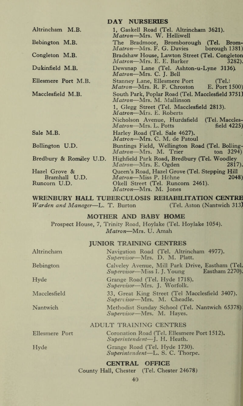 Altrincham M.B. DAY NURSERIES Bebington M.B. Congleton M.B. Dukinfield M.B. Ellesmere Port M.B. Macclesfield M.B. Sale M.B. Bollington U.D. Bredbury & Romiley U.D. Hazel Grove & Bramhall U.D. Runcorn U.D. 1, Gaskell Road (Tel. Altrincham 3621). Matron—Mrs. W. Helliwell The Bradmoor, Bromborough (Tel. Brom- Matron—Mrs. F. G. Davies borough 1381) Bradshaw House, Lawton Street (Tel. Congleton Matron—Mrs. E. E. Barker 3282). Dewsnap Lane (Tel. Ashton-u-Lyne 3136). Matron—Mrs. C. J. Bell Stanney Lane, Ellesmere Port (Tel.: Matron—Mrs. R. F. Chroston E. Port 1500) South Park, Poplar Road (Tel. Macclesfield 3751) Matron—Mrs. M. Mallinson 1, Glegg Street (Tel. Macclesfield 2813). Matron—Mrs. E. Roberts Nicholson Avenue, Hurdsfield (Tel. Maccles- Matron—Mrs. L. Potts field 4225) Harley Road (Tel. Sale 4627). Matron—Mrs. C. M. de Patoul Buntings Field, Wellington Road (Tel. Bolling- Matron—Mrs. M. Trier ton 3294) Highfield Park Road, Bredbury (Tel. Woodley Matron—Mrs. E. Ogden 2817). Queen’s Road, Hazel Grove (Tel. Stepping Hill Matron—Miss P. Hohne 2048) Okell Street (Tel. Runcorn 2461). Matron—Mrs. M. Jones WRENBURY HALL TUBERCULOSIS REHABILITATION CENTRE Warden and Manager—L. T. Burton (Tel. Aston (Nantwich 313) MOTHER AND BABY HOME Prospect House, 7, Trinity Road, Hoylake (Tel. Hoylake 1054). Matron—Mrs. U. Amah Altrincham Bebington Hyde Macclesfield Nantwich Ellesmere Port Hyde JUNIOR TRAINING CENTRES Navigation Road (Tel. Altrincham 4977). Supervisor—Mrs. D. M. Platt. Calveley Avenue, Mill Park Drive, Eastham (Tel. Supervisor—Miss I. J. Young Eastham 2270). Grange Road (Tel. Hyde 1718). Supervisor—Mrs. J. Worfolk. 33, Great King Street (Tel Macclesfield 3407). Supervisor—Mrs. M. Cheadle. Methodist Sunday School (Tel. Nantwich 65378). Supervisor—Mrs. M. Hayes. ADULT TRAINING CENTRES Coronation Road (Tel. Ellesmere Port 1512), Superintendent—J. H. Heath. Grange Road (Tel. Hyde 1730). Superintendent—L. S. C. Thorpe. CENTRAL OFFICE County Hall, Chester (Tel. Chester 24678)