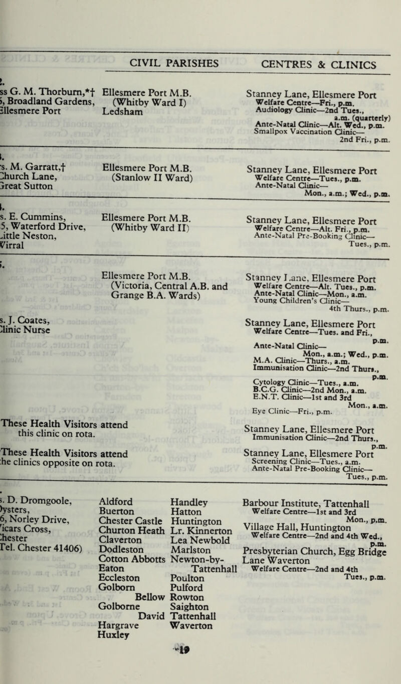 ss G. M. Thorbum,*f ), Broadland Gardens, illesmere Port Ellesmere Port M.B. (Whitby Ward I) Ledsham Stanney Lane, Ellesmere Port Welfare Centre—Fri., p.m. Audiology Clinic—2nd Tues., a.m. (quarterly) Ante-Natal Clinic—Alt. Wed., p.m. Smallpox Vaccination Clinic— 2nd Fri., p.m. 1. s. M. Garratt,f Ilhurch Lane, jreat Sutton Ellesmere Port M.B. (Stanlow II Ward) Stanney Lane, Ellesmere Port Welfare Centre—Tues., p.m. Ante-Natal Clinic— Mon., a.m.; Wed., p.m. 1. s. E. Cummins, 5, Waterford Drive, kittle Neston, l^irral Ellesmere Port M.B. (Whitby Ward II) Stanney Lane, Ellesmere Port Welfare Centre—Alt. Fri., p.m. Ante-Natal Pre-Booking Clinic— Tues., p.m. 1. Ellesmere Port M.B. (Victoria, Central A.B. and Grange B.A. Wards) Stanney I ,ane, Ellesmere Port Welfare Centre—Alt. Tues., p.m. Ante-Natal Clinic—Mon., a.m. Young Children’s Clinic— 4th Thurs., p.m. s. J. Coates, )linic Nurse Stanney Lane, Ellesmere Port Welfare Centre—Tues. and Fri., p.m. Ante-Natal Clinic— Mon., a.m.; Wed., p.m. M.A. Clinic—Thurs., a.m. Immunisation Clinic—2nd Thurs., p.m Cytology Qinic—Tues., a.m. B.C.G. Clinic—2nd Mon., a.m, E.N.T. Clinic—1st and 3rd c „.. . _ Mon., a.m. Eye Clinic—Fri., p.m. These Health Visitors attend this clinic on rota. Stanney Lane, Ellesmere Port Immunisation Qinic—2nd Thurs., These Health Visitors attend :he clinics opposite on rota. p.m. Stanney Lane, Ellesmere Port Screening Clinic—Tues., a.m. Ante-Natal Pre-Booking Qinic— Tues., p.m. >. D. Dromgoole, tysters, 6, Norley Drive, [icars Cross, Chester I'd. Chester 41406) Aldford Handley Buerton Hatton Chester Castle Huntington Churton Heath Lr. Kinnerton Claverton Lea Newbold Dodleston Marlston Cotton Abbotts Newton-by- Eaton Tattenhall Eccleston Poulton Golbom Pulford Bellow Rowton Golbome Saighton David Tattenhall Hargrave Waverton Huxley -19 Barbour Institute, Tattenhall Welfare Centre—1st and 3rd Mon., p.m. Village Hall, Huntington Welfare Centre—2nd and 4th Wed., p.m. Presbyterian Church, Egg Bridge Lane Waverton Welfare Centre—2nd and 4th Tues., p.m.