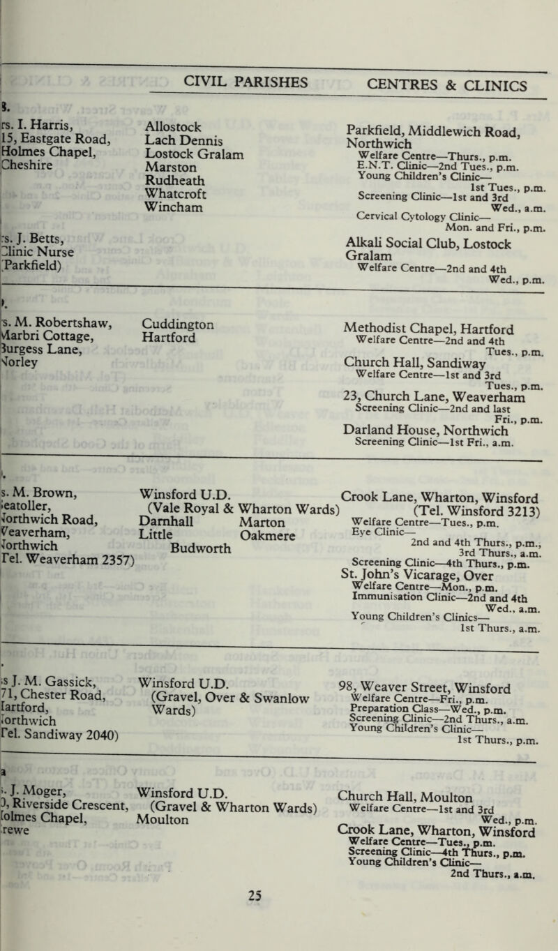 s. rs. I. Harris, 15, Eastgate Road, Holmes Chapel, Cheshire ’ rs. J. Betts, Dlinic Nurse Tarkfield) Alios tock Lach Dennis Lostock Gralam Marston Rudheath Whatcroft Wincham Parkfield, Middlewich Road, Northwich Welfare Centre—Thurs., p.m. E.N.T. Clinic—2nd Tues., p.m. Young Children’s Clinic— 1st Tues., p.m. Screening Clinic—1st and 3rd „ Wed., a.m. Cervical Cytology Clinic— Mon. and Fri., p.m. Alkali Social Club, Lostock Gralam Welfare Centre—2nd and 4th Wed., p.m. r* s. M. Robertshaw, vlarbri Cottage, 'Burgess Lane, Corley Cuddington Hartford Methodist Chapel, Hartford Welfare Centre—2nd and 4th Tues., p.m. Church Hall, Sandiway Welfare Centre—1st and 3rd Tues., p.m. 23, Church Lane, Weaverham Screening Clinic—2nd and last Fri., p.m. Darland House, Northwich Screening Clinic—1st Fri., a.m. s. M. Brown, ieatoller, Jorthwich Road, Veaverham, Jorthwich rel. Weaverham 2357) Winsford U.D. Crook Lane, Wharton, Winsford (Vale Royal & Wharton Wards) (Tel. Winsford 3213) Damhall Marton Welfare Centre—Tues., p.m Little Oakmere Eye Clinic- _ 2nd and 4th Thurs., p.m., Budworth 3rd Thurs., a.m. Screening Clinic—4th Thurs., p.m. St. John’s Vicarage, Over Welfare Centre—Mon., p.m. Immunisation Clinic—2nd and 4th Wed., a.m. Young Children’s Clinics— 1st Thurs., a.m. is J. M. Gassick, 71, Chester Road, lartford, iorthwich rel. Sandiway 2040) Winsford U.D. (Gravel, Over & Swanlow Wards) 98, Weaver Street, Winsford Welfare Centre—Fri., p.m. Preparation Class—'Wed., p.m. Screening Clinic—2nd Thurs., a.m. Young Children’s Clinic— 1st Thurs., p.m. a -• J. Moger, Winsford U.D. J, Riverside Crescent, (Gravel & Wharton Wards) lolmes Chapel, Moulton rewe Church Hall, Moulton Welfare Centre—1st and 3rd Wed., p.m. Crook Lane, Wharton, Winsford Welfare Centre—Tues., p.m. Screening Clinic—4th Thurs., p.m. Young Children’s Clinic— 2nd Thurs., a.m.