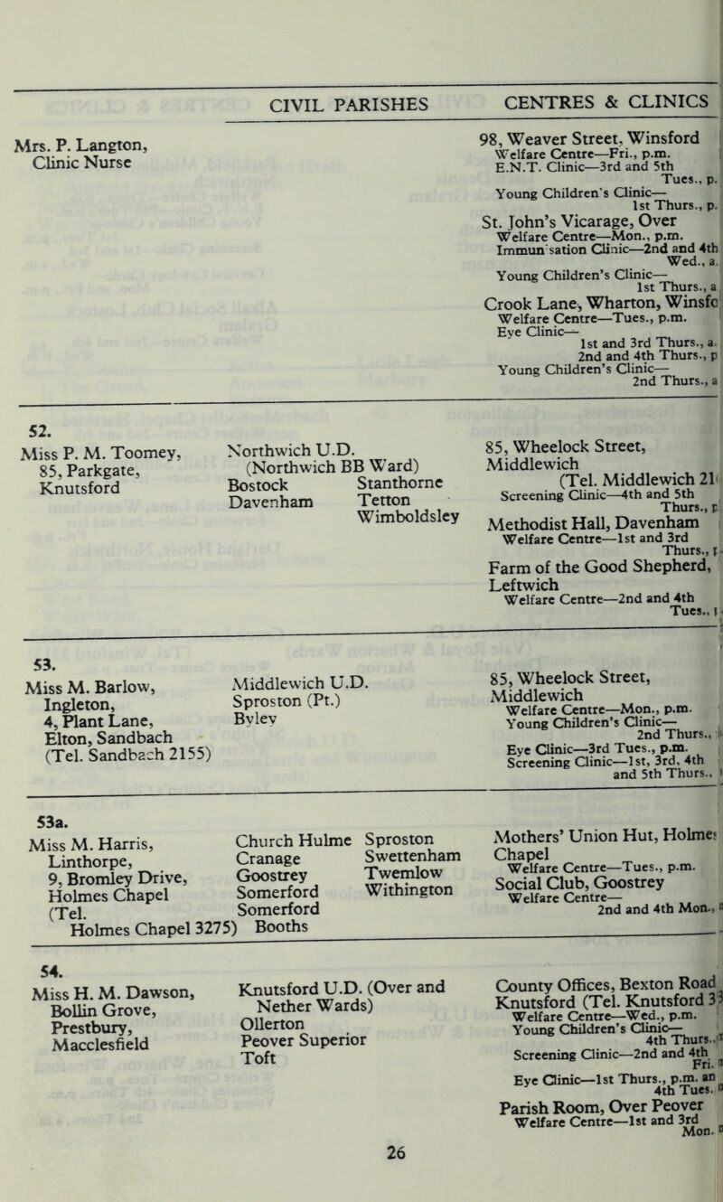 Mrs. P. Langton, Clinic Nurse 98, Weaver Street, Winsford Welfare Centre—Fri., p.m. E.N.T. Clinic—3rd and 5th Tues., p. Young Children's Clinic— 1st Thurs., p. St. John’s Vicarage, Over Welfare Centre—Mon., p.m. Immun sation Clinic—2nd and 4th Wed., a. Young Children’s Clinic— 1st Thurs., a Crook Lane, Wharton, Winsfc Welfare Centre—Tues., p.m. Eve Clinic— 1st and 3rd Thurs., a. 2nd and 4th Thurs., p Young Children’s Clinic— 2nd Thurs., a 52. Miss P. M. Toomey, 85, Parkgate, Knutsford Northwich U.D. (Northwich BB Ward) Bostock Stanthorne Davenham Tetton Wimboldsley 85, Wheelock Street, Middlewich (Tel. Middlewich 21- Screening Clinic—4th and 5th Thurs., p Methodist Hall, Davenham Welfare Centre—1st and 3rd Thurs., i • Farm of the Good Shepherd, Leftwich Welfare Centre—2nd and 4th Tues., j ■ 53. Miss M. Barlow, Ingleton, 4, Plant Lane, Elton, Sandbach (Tel. Sandbach 2155) Middlewich U.D. Sproston (Pt.) Bylev 85, Wheelock Street, Middlewich Welfare Centre—Mon., p.m. Young Children’s Clinic— 2nd Thurs., > Eye Clinic—3rd Tues., p.m. Screening Clinic—1st, 3rd, 4th and 5th Thurs., > 53a. Miss M. Harris, Linthorpe, 9, Bromley Drive Holmes Chapel (Tel. Church Hulme Cranage Goostrey Somerford Somerford Holmes Chapel 3275) Booths Sproston Swettenham Twemlow Withington Mothers’ Union Hut, Holme! Chapel Welfare Centre—Tues., p.m. Social Club, Goostrey Welfare Centre— 2nd and 4th Mon.,0 54. Miss H. M. Dawson, Bollin Grove, Prestbury, Macclesfield Knutsford U.D. (Over and Nether Wards) OUerton Peover Superior Toft County Offices, Bexton Road Knutsford (Tel. Knutsford 33 Welfare Centre—Wed., p.m. Young Children’s Clinic— 4th Thurs..1 Screening Clinic—2nd and 4th Fn. a Eye Clinic— 1st Thurs., p.m. an 4th Tues. a Parish Room, Over Peover Welfare Centre—1st and 3rd Mon. 0