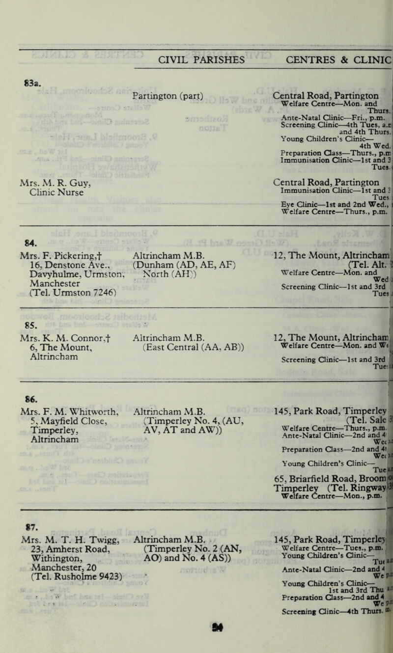 83a. Partington (part) Central Road, Partington Welfare Centre—Mon. and Thurs.' Ante-Natal Clinic—Fri., p.m. Screening Clinic—4th Tues, a.c; and 4th Thurs. Young Children’s Clinic— 4th Wed.: Preparation Class—Thurs., p.m Immunisation Clinic—1st and 3 Tues \ Mrs. M. R. Guy, Clinic Nurse Central Road, Partington Immunisation Clinic—1st and 3 Tues i Eye Clinic—1st and 2nd Wed., j Welfare Centre—Thurs., p.m. 84. Mrs. F. Pickering,f 16, Denstone Ave., Bavyhulme, Urmstony Manchester (Tel. Urmston 7246) Altrincham M.B. (Dunham (AD, AE, AF) North (AH)) 12, The Mount, Altrincham (Tel. Alt. 1 Welfare Centre—Mon. and Wed .i Screening Clinic—1st and 3rd Tues J 85. Mrs. K. M. Connor,f 6, The Mount, Altrincham Altrincham M.B. (East Central (AA, AB)) 12, The Mount, Altrincham Welfare Centre—Mon. and We 1 Screening Clinic—1st and 3rd ! Tueid 86. Mrs. F. M. Whitworth, 5, Mayfield Close, Timperley, Altrincham Altrincham M.B. (Timperley No. 4, (AU, AV, AT and AW)) 145, Park Road, Timperley (Tel. Sale 3! Welfare Centre—Thurs., p.m. Ante-Natal Clinic—2nd and 4 Wee )•£ Preparation Class—2nd and 41 Wee M Young Children’s Clinic— TueM 65, Briarfield Road, Broom** Timperley (Tel. Ringway »3s Welfare Centre—Mon., p.m. *7. Mrs. M. T. H. Twigg, 23, Amherst Road, Withington, Manchester, 20 (Tel. Rusholme 9423) Altrincham M.B. (Timperley No. 2 (AN, AO) and No. 4 (AS)) 145, Park Road, Timperley Welfare Centre—Tues., p.m. Young Children’s Clinic— Tut «•« Ante-Natal Clinic—2nd and 4 We P-r Young Children’s Clinic— 1st and 3rd Thu i- Preparation Class—2nd and 4 We P'c 1th Thurs. »• Screening Clinic-