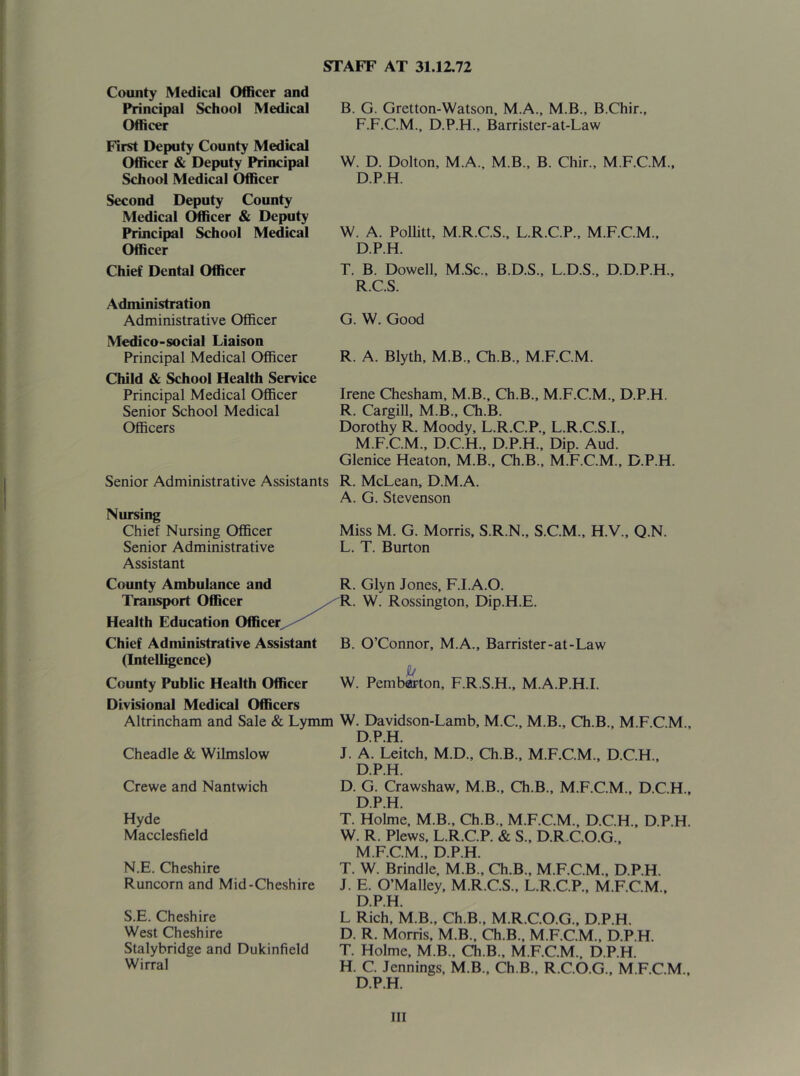 STAFF AT 31.12,72 County Medical Officer and Principal School Medical Officer First Deputy County Medical Officer & Deputy Principal School Medical Officer Second Deputy County Medical Officer & Deputy Principal School Medical Officer Chief Dental Officer Administration Administrative Officer Medico-social Liaison Principal Medical Officer Child & School Health Service Principal Medical Officer Senior School Medical Officers B. G. Gretton-Watson. M.A.. M.B., B.Chir., F.F.C.M., D.P.H., Barrister-at-Law W. D. Dolton, M.A., M.B., B. Chir., M.F.C.M.. D.P.H. W. A. Pollitt, M.R.C.S.. L.R.C.P., M.F.C.M.. D.P.H. T. B. Dowell, M.Sc., B.D.S.. L.D.S., D.D.P.H., R.C.S. G. W. Good R. A. Blyth, M.B., Ch.B., M.F.C.M. Irene Chesham, M.B., Ch.B., M.F.C.M., D.P.H. R. Cargill. M.B.. Ch.B. Dorothy R. Moody, L.R.C.P., L.R.C.S.I., M.F.C.M., D.C.H., D.P.H., Dip. And. Glenice Heaton, M.B., Ch.B., M.F.C.M., D.P.H. Senior Administrative Assistants R. McLean, D.M.A. A. G. Stevenson Nursing Chief Nursing Officer Miss M. G. Morris, S.R.N., S.C.M., H.V., Q.N. Senior Administrative L. T. Burton Assistant County Ambulance and R. Glyn Jones, F.I.A.O. Transport Officer Rossington, Dip.H.E. Health Education Officer^..--^'^ Chief Administrative Assistant B. O’Connor, M.A., Barrister-at-Law (Intelligence) ^ County Public Health Officer W. Pemberton, F.R.S.H., M.A.P.H.I. Divisional Medical Officers Altrincham and Sale & Lymm W. Davidson-Lamb, M.C., M.B., Ch.B., M.F.C.M., D.P.H. Cheadle & Wilmslow J. A. Leitch, M.D., Cffi.B., M.F.C.M., D.C.H., D.P.H. Crewe and Nantwich D. G. Crawshaw, M.B., CTh.B., M.F.C.M., D.C.H , D.P.H. Hyde Macclesfield N.E. Cheshire Runcorn and Mid-Cheshire S.E. Cheshire West Cheshire Stalybridge and Dukinfield Wirral T. Holme, M.B., Ch.B., M.F.C.M., D.C.H., D.P.H. W. R. Plews, L.R.C.P. & S., D.R.C.O.G., M.F.C.M., D.P.H. T. W. Brindle, M.B., Ch.B., M.F.C.M., D.P.H. J. E. O’Malley, M.R.C.S., L.R.C.P., M.F.C.M.. D.P.H. L Rich, M.B., Ch.B., M.R.C.O.G.. D.P.H. D. R. Morris, M.B.. Ch.B., M.F.C.M.. D.P.H. T. Holme. M.B., Ch.B., M.F.C.M., D.P.H. H. C. Jennings, M.B., Ch.B., R.C.O.G., M.F.C.M.. D.P.H. Ill