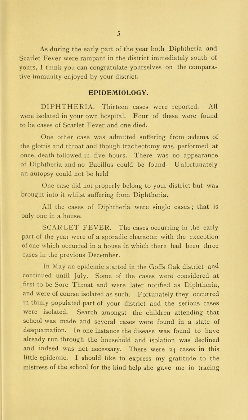 As daring the early part of the year both Diphtheria and Scarlet Fever were rampant in the district immediately south of yours, I think you can congratulate yourselves on the compara- tive immunity enjoyed by your district. EPIDEMIOLOGY. DIPHTHERIA. Thirteen cases were reported. All were isolated in your own hospital. Four of these were found to be cases of Scarlet Fever and one died. One other case was admitted suffering from asdema of the glottis and throat and though tracheotomy was performed at once, death followed in five hours. There was no appearance of Diphtheria and no Bacillus could be found. Unfortunately an autopsy could not be held. One case did not properly belong to your district but was brought into it whilst suffering from Diphtheria. All the cases of Diphtheria were single cases ; that is only one in a house. SCARLET FEVER. The cases occurring in the early part of the year were of a sporadic character with the exception of one which occurred in a house in which there had been three cases in the previous December. In May an epidemic started in the Goffs Oak district and continued until July. Some of the cases were considered at first to be Sore Throat and were later notified as Diphtheria, and were of course isolated as such. Fortunately they occurred in thinly populated part of your district and the serious cases were isolated. Search amongst the children attending that school was made and several cases were found in a state of desquamation. In one instance the disease was found to have already run through the household and isolation was declined and indeed was not necessary. There were 24 cases in this little epidemic. I should like to express my gratitude to the mistress of the school for the kind help she gave me in tracing