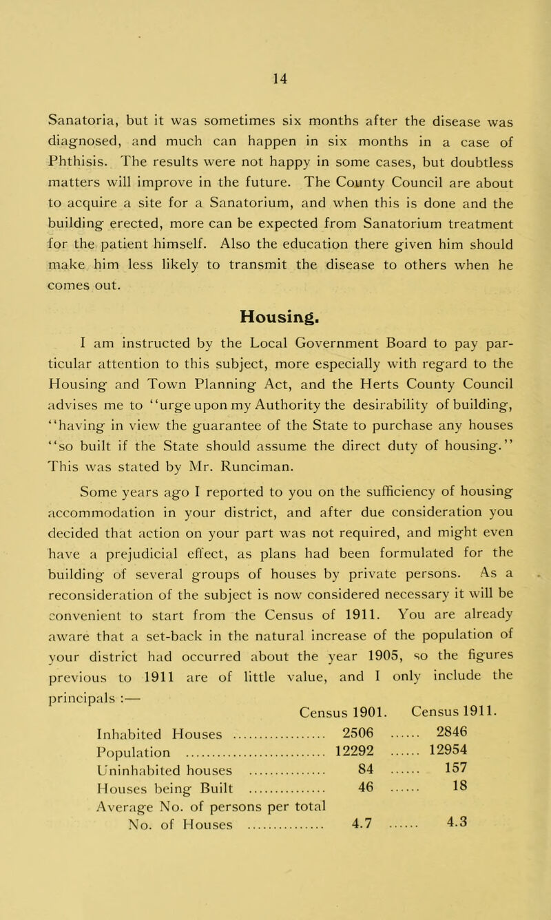 Sanatoria, but it was sometimes six months after the disease was diagnosed, and much can happen in six months in a case of Phthisis. The results were not happy in some cases, but doubtless matters will improve in the future. The County Council are about to acquire a site for a Sanatorium, and when this is done and the building erected, more can be expected from Sanatorium treatment for the patient himself. Also the education there given him should make him less likely to transmit the disease to others when he comes out. Housing. I am instructed by the Local Government Board to pay par- ticular attention to this subject, more especially with regard to the Housing and Town Planning Act, and the Herts County Council advises me to “urge upon my Authority the desirability of building, “having in view the guarantee of the State to purchase any houses “so built if the State should assume the direct duty of housing.” This was stated by Mr. Runciman. Some years ago I reported to you on the sufficiency of housing accommodation in your district, and after due consideration you decided that action on your part was not required, and might even have a prejudicial effect, as plans had been formulated for the building of several groups of houses by private persons. As a reconsideration of the subject is now considered necessary it will be convenient to start from the Census of 1911. You are already aware that a set-back in the natural increase of the population of your district had occurred about the year 1905, so the figures previous to 1911 are of little value, and I only include the principals :— Inhabited Houses 2506 Population Uninhabited houses Houses being Built Average No. of persons per total No. of Houses us 1901. Census 1911 2506 . 2846 12292 . 12954 84 . 157 46 . 18 4.7 .. 4.3