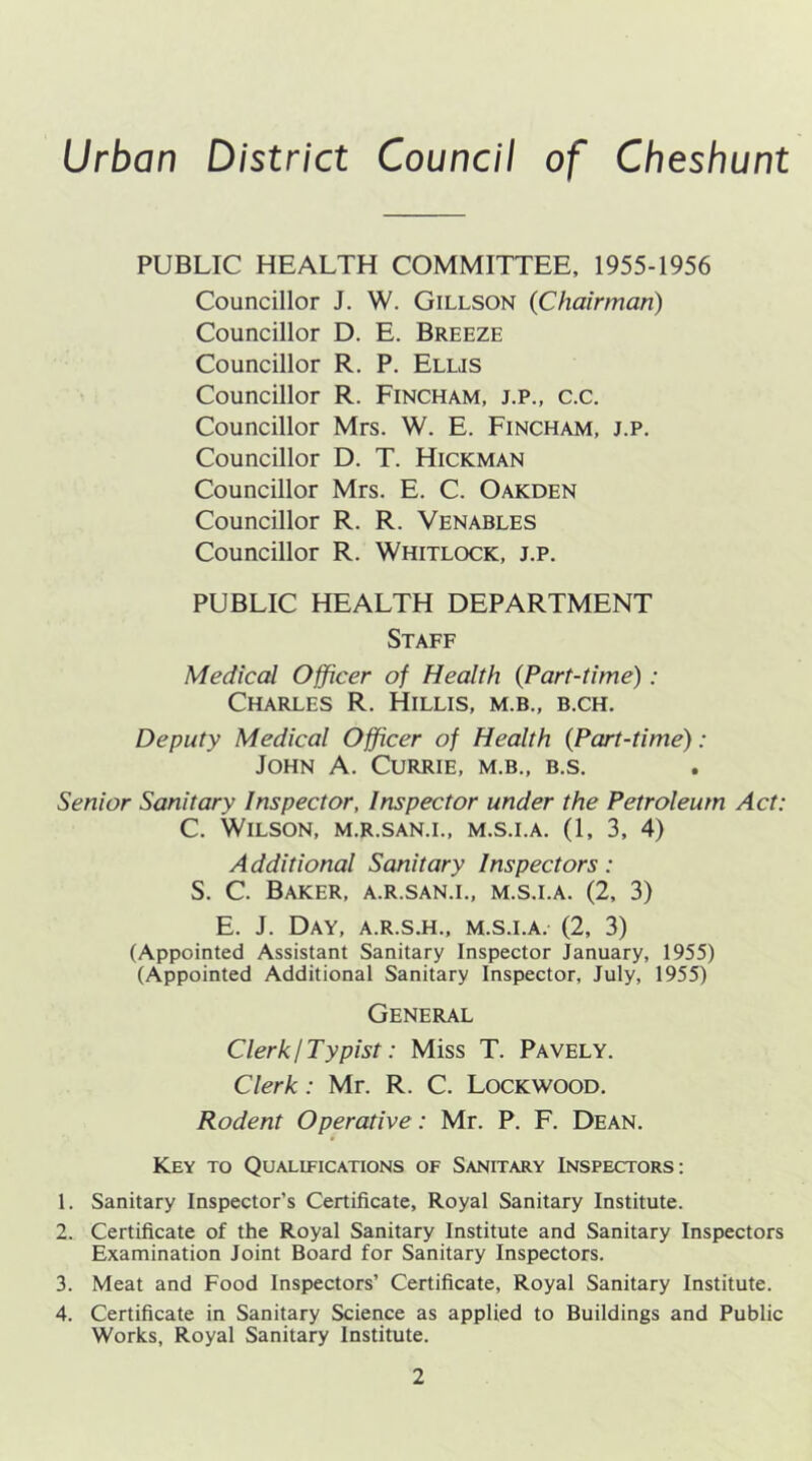 PUBLIC HEALTH COMMITTEE, 1955-1956 Councillor J. W. Gillson (Chairman) Councillor D. E. Breeze Councillor R. P. Elljs Councillor R. Fincham, j.p., c.c. Councillor Mrs. W. E. Fincham, j.p. Councillor D. T. Hickman Councillor Mrs. E. C. Oakden Councillor R. R. Venables Councillor R. Whitlock, j.p. PUBLIC HEALTH DEPARTMENT Staff Medical Officer of Health (Part-time): Charles R. Hillis, m.b., b.ch. Deputy Medical Officer of Health (Part-time): John A. Currie, m.b., b.s. Senior Sanitary Inspector, Inspector under the Petroleum Act: C. Wilson, m.r.san.l, m.s.i.a. (1, 3, 4) Additional Sanitary Inspectors: S. C. Baker, a.r.san.i., m.s.i.a, (2, 3) E. J. Day, a.r.s.h., m.s.i.a. (2, 3) (Appointed Assistant Sanitary Inspector January, 1955) (Appointed Additional Sanitary Inspector, July, 1955) General Clerk! Typist: Miss T. Pavely. Clerk: Mr. R. C. Lockwood. Rodent Operative: Mr. P. F. Dean. Key to Qualifications of Sanitary Inspectors: 1. Sanitary Inspector’s Certificate, Royal Sanitary Institute. 2. Certificate of the Royal Sanitary Institute and Sanitary Inspectors Examination Joint Board for Sanitary Inspectors. 3. Meat and Food Inspectors’ Certificate, Royal Sanitary Institute. 4. Certificate in Sanitary Science as applied to Buildings and Public Works, Royal Sanitary Institute.