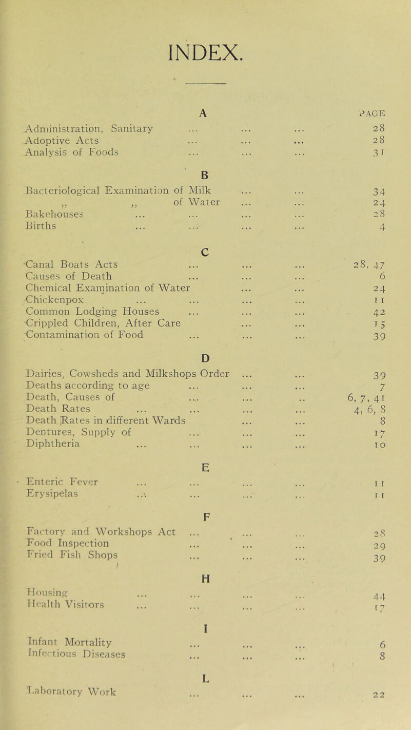 INDEX A r'AGE .Administration, Sanitary ... ... ... 28 .Adoptive Acts ... ... ... 28 Analysis of Foods ... ... ... 3t B Bacteriological E.xamination of Milk ... ... 34 ,, ,, of Water ... ... 24 Bakehouses ... ... ... ... 28 Births ... ... ... ... 4 C Canal Boats Acts ... ... ... 28. 47 Causes of Death ... ... ... 6 Chemical Exarnination of Water ... ... 24 Chickenpox ... ... ... ... ti Common Lodging Houses ... ... ... 42 Crippled Children, After Care ... ... 75 'Contamination of Food ... ... ... 39 D Dairies, Cowsheds and Milkshops Order ... ... 39 Deaths according to age ... ... ... 7 Death, Causes of ... .. 6, 7, 41 Death Rates ... ... ... ... 4, 6, 8 Death [Rates in idifferent Wards ... ... 8 Dentures, Supply of ... ... ... 17 Diphtheria ... ... ... ... lo E • Enteric Fever ... ... ... ... 17 Erysipelas ..•. ... ... ... i r F Factory and Workshops Act ... ... ... 28 Food Inspection ... ... ... 29 Fried Fish Shops ... ... ... 3q I H Housing ... ... ... ... Health Visitors ... ... ... ... [7 I Infant Mortality ... ... ... 6 Infertious Diseases ... ... 8 I ' L Laboratory Work ... ... ... 22