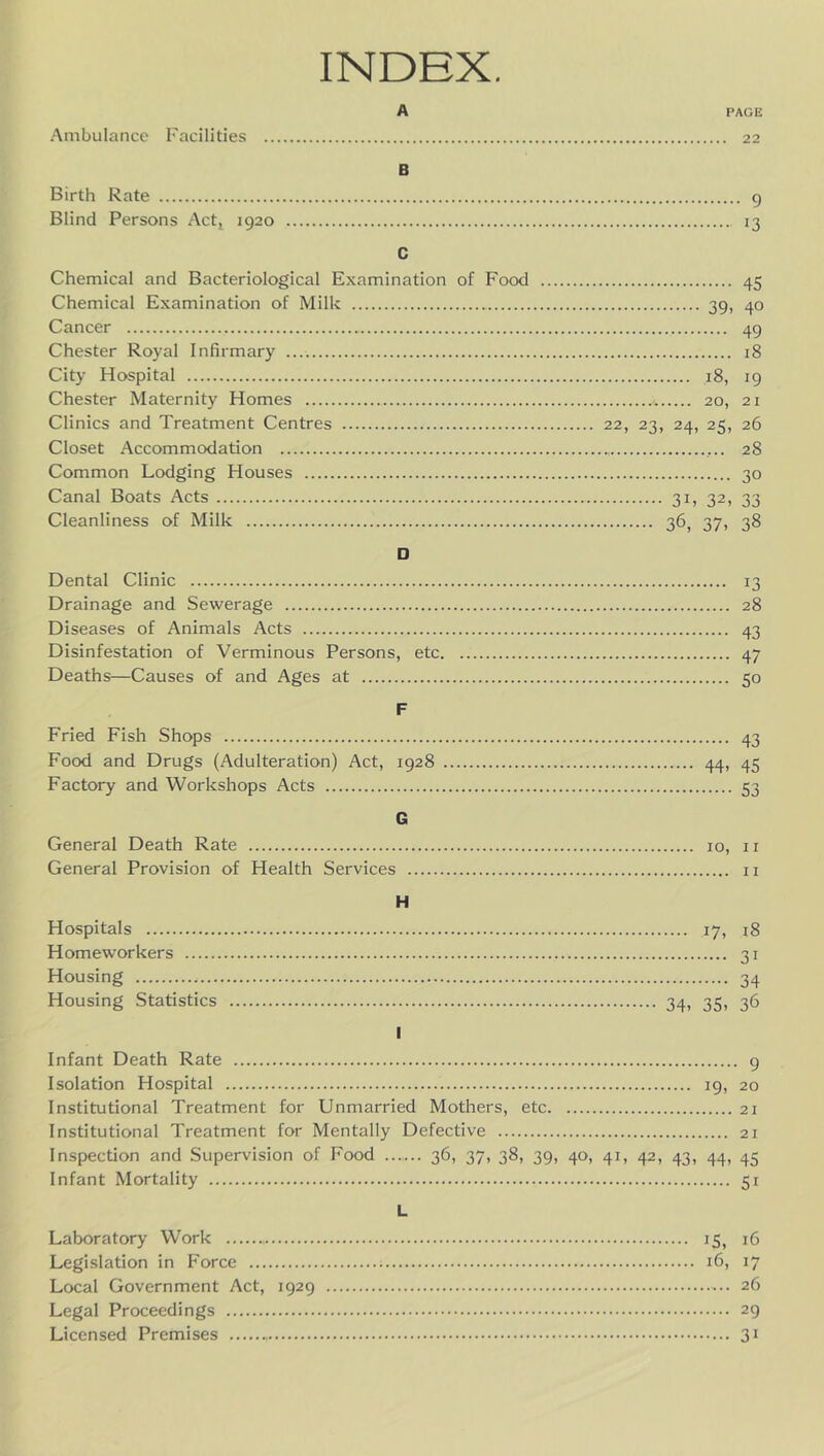 INDEX. A PAGE Ambulance Facilities 22 B Birth Rate g Blind Persons Act^ 1920 13 C Chemical and Bacteriological Examination of Food 45 Chemical Examination of Milk 39, 40 Cancer 49 Chester Royal Infirmary 18 City Hospital 18, 19 Chester Maternity Homes 20, 21 Clinics and Treatment Centres 22, 23, 24, 25, 26 Closet Accommodation 28 Common Lodging Houses 30 Canal Boats Acts 31, 32, 33 Cleanliness of Milk 36, 37, 38 □ Dental Clinic 13 Drainage and Sewerage 28 Diseases of Animals Acts 43 Disinfestation of Verminous Persons, etc 47 Deaths—Causes of and Ages at 50 F Fried Fish Shops 43 Food and Drugs (Adulteration) Act, 1928 44, 45 Factory and Workshops Acts 53 G General Death Rate 10, ii General Provision of Health Services ii H Hospitals 17, 18 Homeworkers 31 Housing 34 Housing Statistics 34, 35, 36 I Infant Death Rate 9 Isolation Hospital 19, 20 Institutional Treatment for Unmarried Mothers, etc 21 Institutional Treatment for Mentally Defective 21 Inspection and Supervision of Food 36, 37, 38, 39, 40, 41, 42, 43, 44, 45 Infant Mortality 51 L Laboratory Work 15, 16 Legislation in Force 16, 17 Local Government Act, 1929 26 Legal Proceedings 29 Licensed Premises 3^