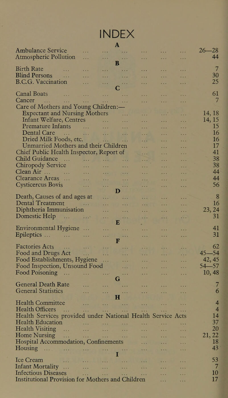 INDEX A Ambulance Service ... ... ... ... ... ... 26—28 Atmospheric Pollution 44 B Birth Rate ... ... ... ... ... ... ... 7 Blind Persons ... ... ... ... ... ... ... 30 B.C.G. Vaccination ... ... ... ... ... ... 25 C Canal Boats ... ... ... ... ... ... ... 61 Cancer ... ... ... ... ... ... ... ... 7 Care of Mothers and Young Children:— Expectant and Nursing Mothers ... ... ... 14,18 Infant Welfare, Centres ... ... ... ... ... 14,15 Premature Infants ... ... ... ... ... ... 15 Dental Care ... ... ... ... ... ... ... 16 Dried Milk Foods, etc. ... ... ... ... ... 16 Unmarried Mothers and their Children ... ... ... 17 Chief Public Health Inspector, Report of ... ... ... 41 Child Guidance ... ... ... ... ... ... ... 38 Chiropody Service ... ... ... ... ... ... 38 Clean Air ... ... ... ... ... ... ... ... 44 Clearance Areas ... ... ... ... ... ... ... 44 Cysticercus Bovis ... ... ... ... ... ... 56 D Death, Causes of and ages at ... ... ... ... ... 8 Dental Treatment ... ... ... ... ... ... 16 Diphtheria Immunisation ... ... ... ... ... 23,24 Domestic Help ... ... ... ... ... ... ... 31 E Environmental Hygiene ... ... ... ... ... ... 41 Epileptics ... ... ... ... ... ... ... ... 31 F Factories Acts ... ... ... ... ... ... ... 62 Food and Drugs Act ... ... ... ... ... ... 45—54 Food Establishments, Hygiene ... ... ... ... .!. 42,45 Food Inspection, Unsound Food ... ... ... ... 54—57 Food Poisoning 10,48 G General Death Rate ... ... ... ... ... ... 7 General Statistics ... ... ... ... ... ... 6 H Health Committee ... ... ... ... ... ... 4 Health Officers ... ... ... ... ... ... ... 4 Health Services provided under National Health Service Acts 14 Health Education ... ... ... ... ... ... 37 Health Visiting ... ... ... ... ... ... ... 20 Home Nursing ... ... ... ... ... ... ... 21,22 Hospital Accommodation, Confinements ... ... ... 18 Housing ... ... ... ... ... ... ... ... 43 I Ice Cream ... ... ... ... ... ... ... 53 Infant Mortality ... ... ... ... ... ... ... 7 Infectious Diseases ... ... ... ... ... ... 10 Institutional Provision for Mothers and Children 17