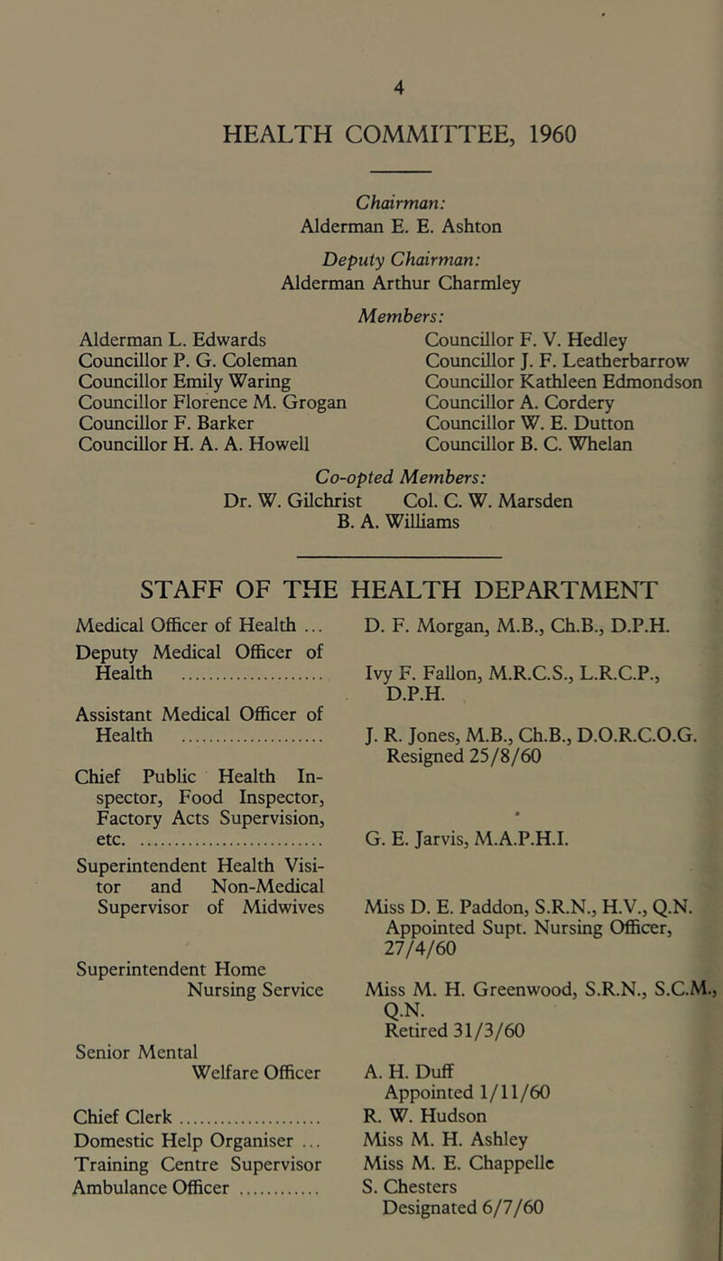 HEALTH COMMITTEE, 1960 Chairman: Alderman E. E. Ashton Deputy Chairman: Alderman Arthur Charmley Members: Alderman L. Edwards Councillor P. G. Coleman Councillor Emily Waring Councillor Florence M. Grogan Councillor F. Barker Councillor H. A. A. Howell Councillor F. V. Hedley Councillor J. F. Leatherbarrow Councillor Kathleen Edmondson Councillor A. Cordery Councillor W. E. Dutton Councillor B. C. Whelan Co-opted Members: Dr. W. Gilchrist Col. C. W. Marsden B. A. Williams STAFF OF THE HEALTH DEPARTMENT Medical Officer of Health ... Deputy Medical Officer of Health Assistant Medical Officer of Health Chief Public Health In- spector, Food Inspector, Factory Acts Supervision, etc Superintendent Health Visi- tor and Non-Medical Supervisor of Midwives Superintendent Home Nursing Service Senior Mental Welfare Officer Chief Clerk Domestic Help Organiser .,. Training Centre Supervisor Ambulance Officer D. F. Morgan, M.B., Ch.B., D.P.H. Ivy F. Fallon, M.R.C.S., L.R.C.P., D.P.H. J. R. Jones, M.B., Ch.B., D.O.R.C.O.G. Resigned 25/8/60 G. E. Jarvis, M.A.P.H.I. Miss D. E. Paddon, S.R.N., H.V., Q.N. Appointed Supt. Nursing Officer, 27/4/60 Miss M. H. Greenwood, S.R.N., S.C.M., Q.N. Retired 31/3/60 A. H. Duff Appointed 1/11/60 R. W. Hudson Miss M. H. Ashley Miss M. E. Chappellc S. Chesters Designated 6/7/60