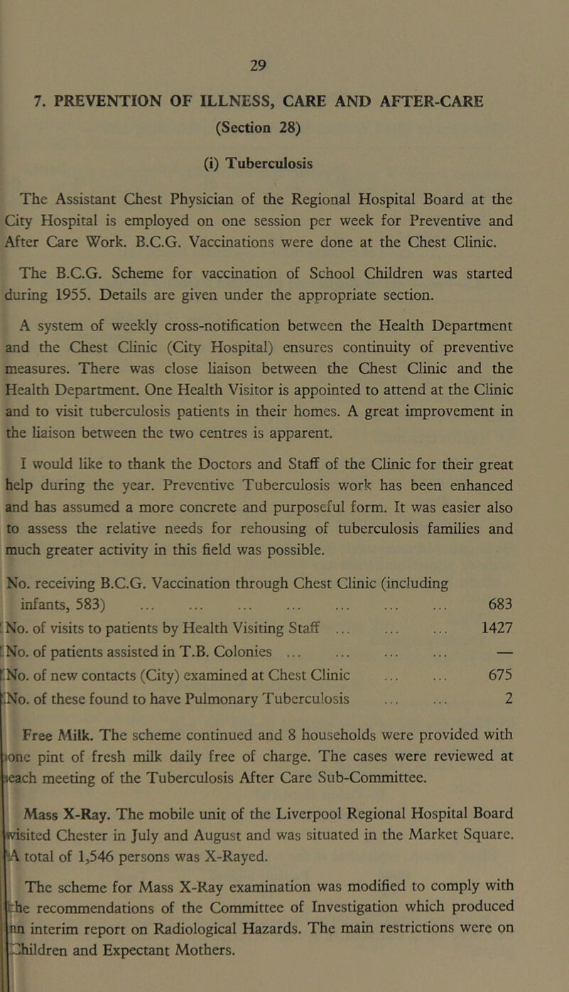 7. PREVENTION OF ILLNESS, CARE AND AFTER-CARE (Section 28) (i) Tuberculosis The Assistant Chest Physician of the Regional Hospital Board at the City Hospital is employed on one session per week for Preventive and After Care Work. B.C.G. Vaccinations were done at the Chest Clinic. The B.C.G. Scheme for vaccination of School Children was started during 1955. Details are given under the appropriate section. A system of weekly cross-notification between the Health Department and the Chest Clinic (City Hospital) ensures continuity of preventive measures. There was close liaison between the Chest Clinic and the Health Department. One Health Visitor is appointed to attend at the Clinic and to visit tuberculosis patients in their homes. A great improvement in the liaison between the two centres is apparent. I would like to thank the Doctors and Staff of the Clinic for their great help during the year. Preventive Tuberculosis work has been enhanced and has assumed a more concrete and purposeful form. It was easier also to assess the relative needs for rehousing of tuberculosis families and much greater activity in this field was possible. No. receiving B.C.G. Vaccination through Chest Clinic (including infants, 583) ... ... ... ... ... ... ... 683 iNo. of visits to patients by Health Visiting Staff ... ... ... 1427 [No. of patients assisted in T.B. Colonies ... ... ... ... — CNo. of new contacts (City) examined at Chest Clinic ... ... 675 [No. of these found to have Pulmonary Tuberculosis ... ... 2 Free Milk. The scheme continued and 8 households were provided with lone pint of fresh milk daily free of charge. The cases were reviewed at leach meeting of the Tuberculosis After Care Sub-Committee. Mass X-Ray. The mobile unit of the Liverpool Regional Hospital Board wished Chester in July and August and was situated in the Market Square. A total of 1,546 persons was X-Rayed. The scheme for Mass X-Ray examination was modified to comply with the recommendations of the Committee of Investigation which produced iin interim report on Radiological Hazards. The main restrictions were on fllhildren and Expectant Mothers.